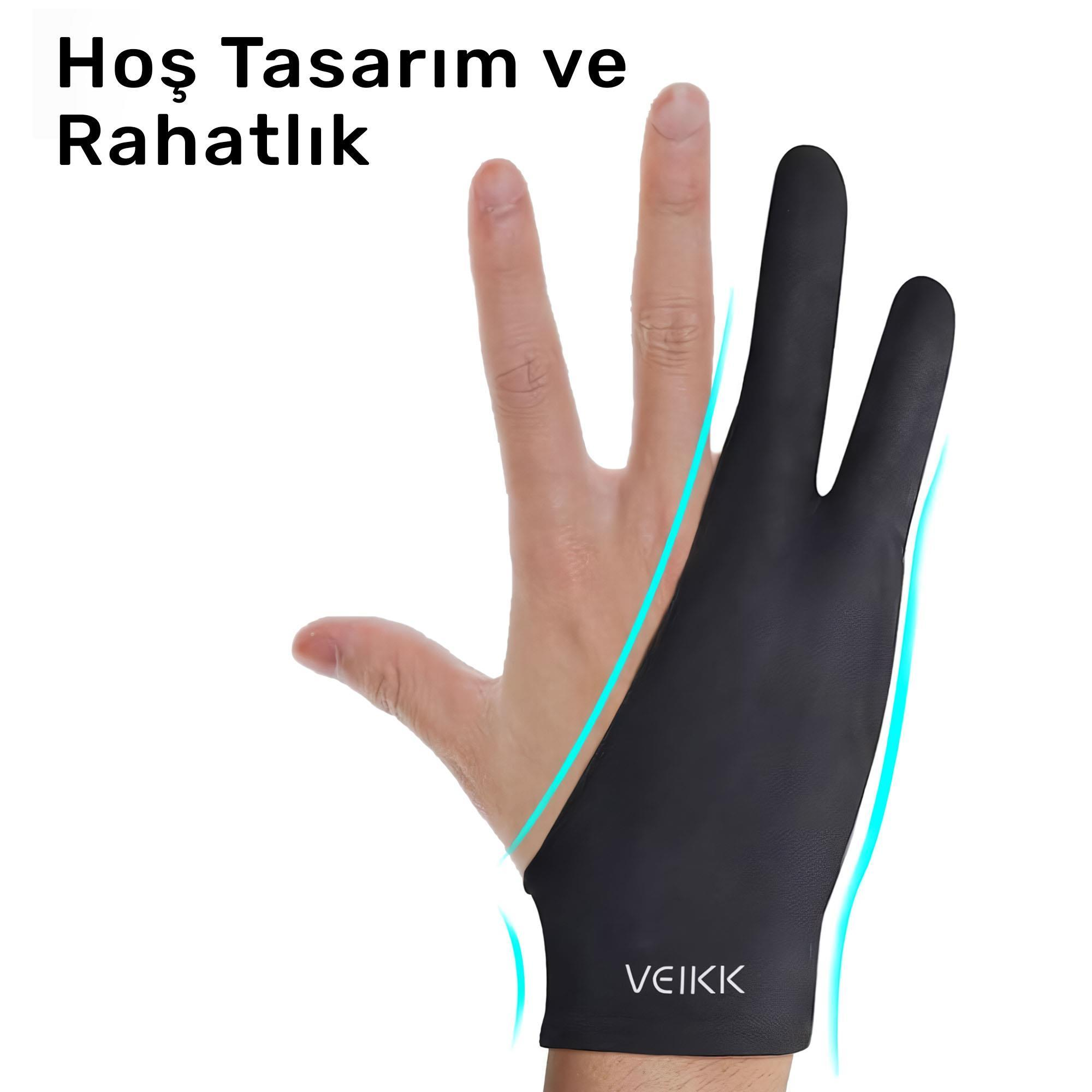 Siyah bir çizim eldiveni takan bir el. Eldiven parmakları ve avuç içini kaplar, marka logosuyla. Elin üzerinde metin var.
