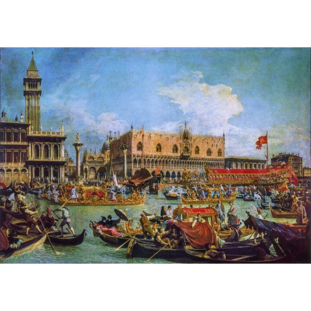 Une peinture de Venise. Gondoles et bateaux ornés remplissent l'eau. Des bâtiments avec des tours et des dômes bordent le rivage. Le ciel est bleu.