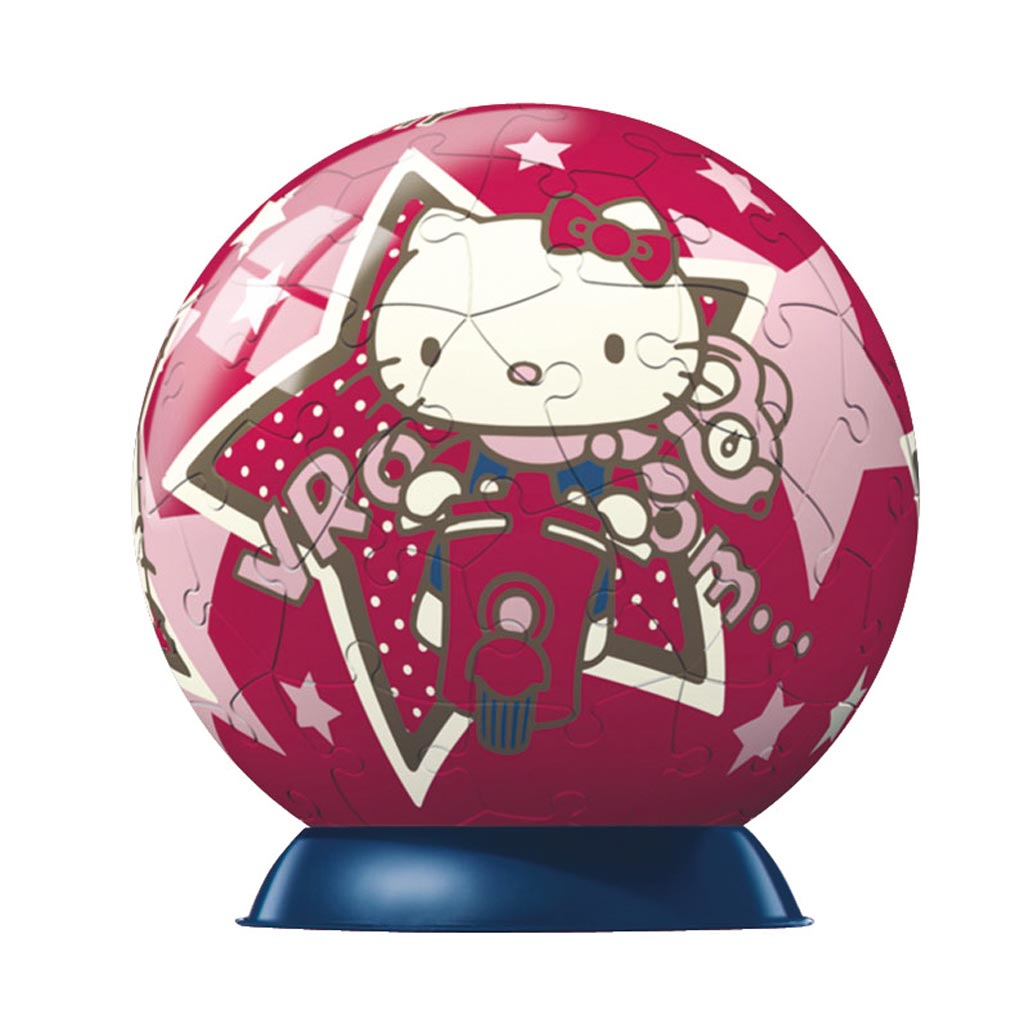 Ein Hello Kitty Puzzle in Kugelform. Es ist rot mit blauem Sockel. Hello Kitty fährt Roller.