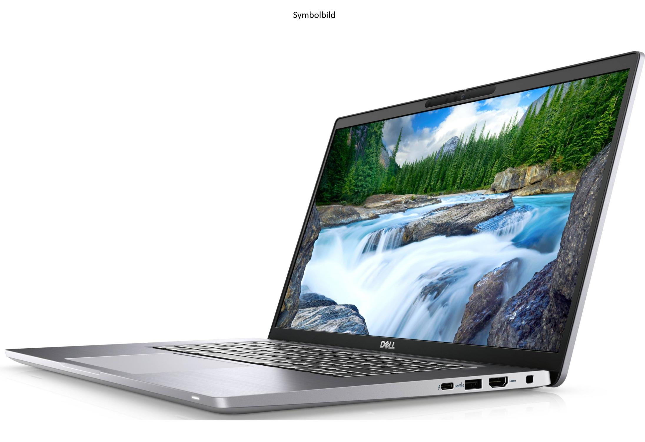 Silberner Laptop mit Bildschirm, der eine Wasserfallszene zeigt. Der Laptop ist angewinkelt, der Hintergrund ist weiß.