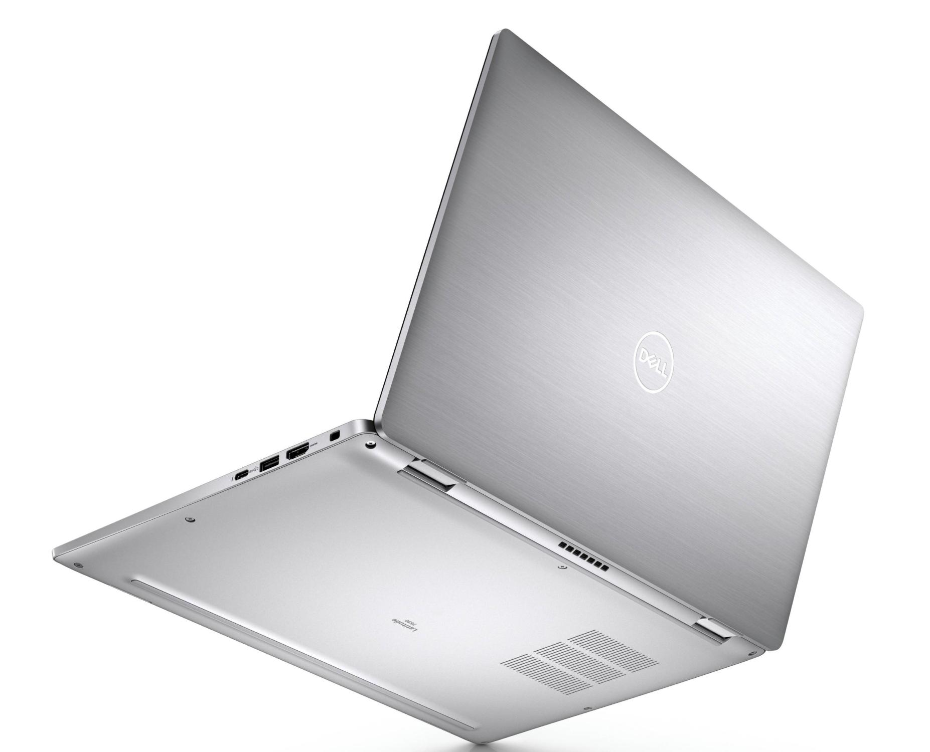 Silberner Dell-Laptop, teilweise geöffnet. Das Dell-Logo ist sichtbar. Die Unterseite zeigt Anschlüsse und Lüfter.