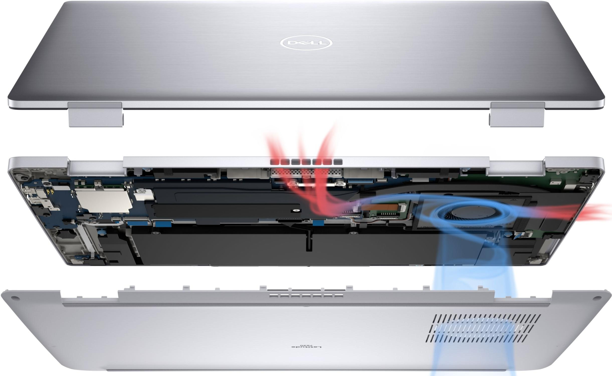 Explosionsansicht eines Dell-Laptops mit internen Komponenten, Kühlsystem und Luftstrom. Der Laptop ist silberfarben.