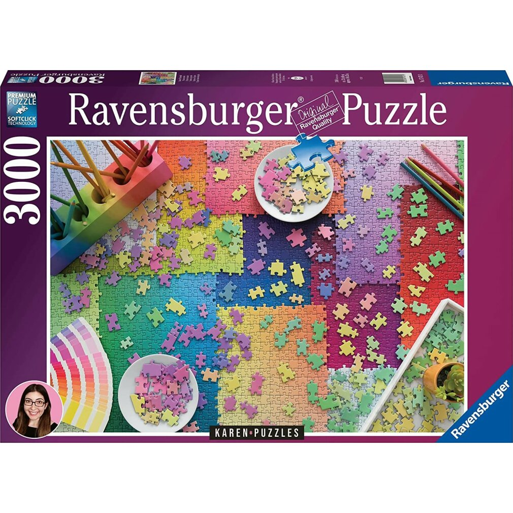 Un puzzle Ravensburger da 3000 pezzi con pezzi colorati. Include piatti di pezzi, una tavolozza di colori e una piccola pianta.
