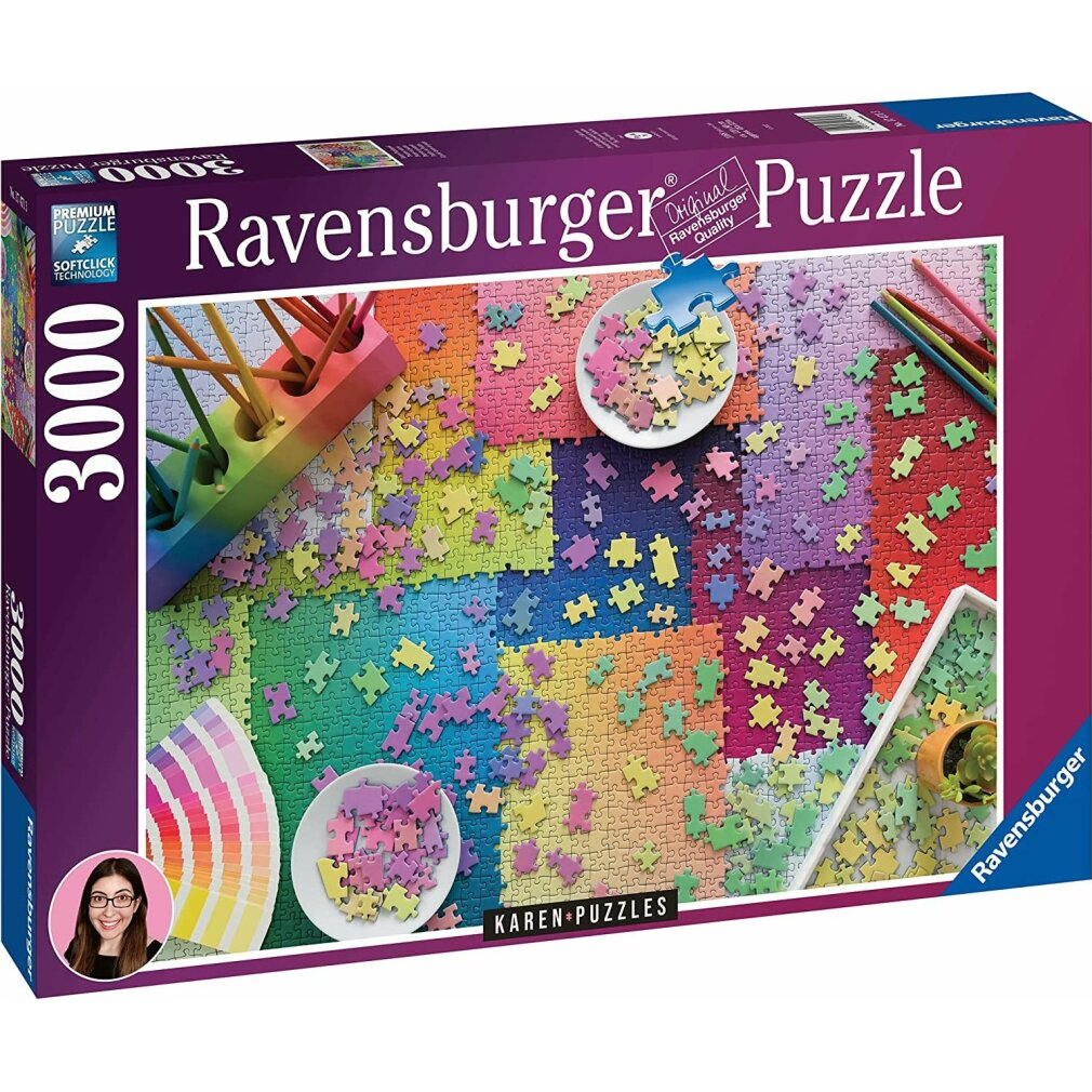 Un puzzle Ravensburger da 3000 pezzi con pezzi colorati. Include ciotole di pezzi, una tavolozza di colori e una foto di donna.