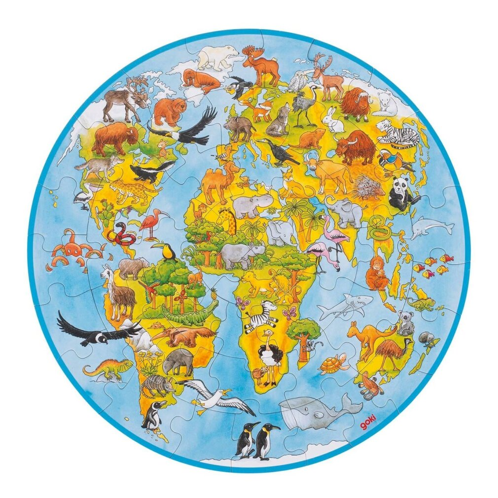 Ein Weltkartenpuzzle zeigt Kontinente mit Tieren. Das Land ist gelb, das Wasser blau und es gibt einen blauen Rand.