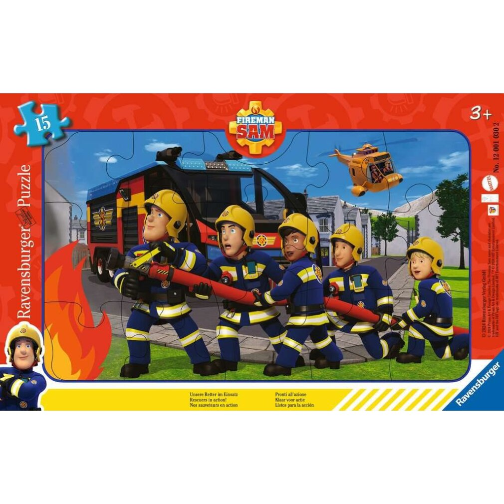 Feuerwehrmann Sam Puzzle. Feuerwehrleute mit Schlauch, Feuerwehrauto und Hubschrauber im Hintergrund. Das Puzzle hat 15 Teile.