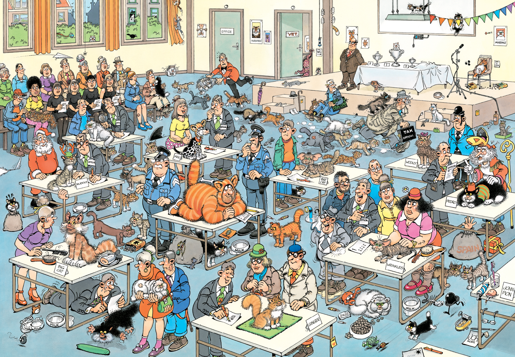 Eine Cartoon-Szene einer Katzenausstellung. Viele Menschen und Katzen sind anwesend. Katzen sind auf Tischen, und Leute beurteilen sie.