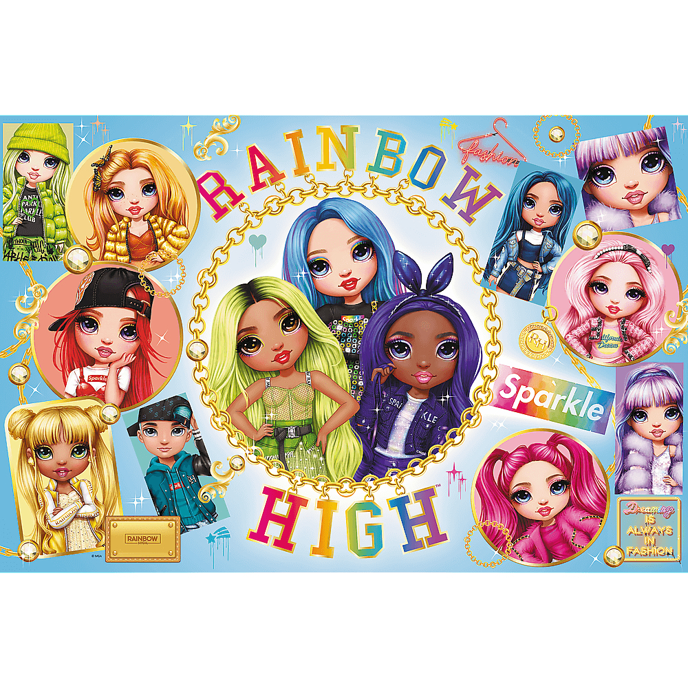 Buntes Collage mit Rainbow High-Puppen mit leuchtenden Haaren und Mode, umgeben von Text und dekorativen Elementen.