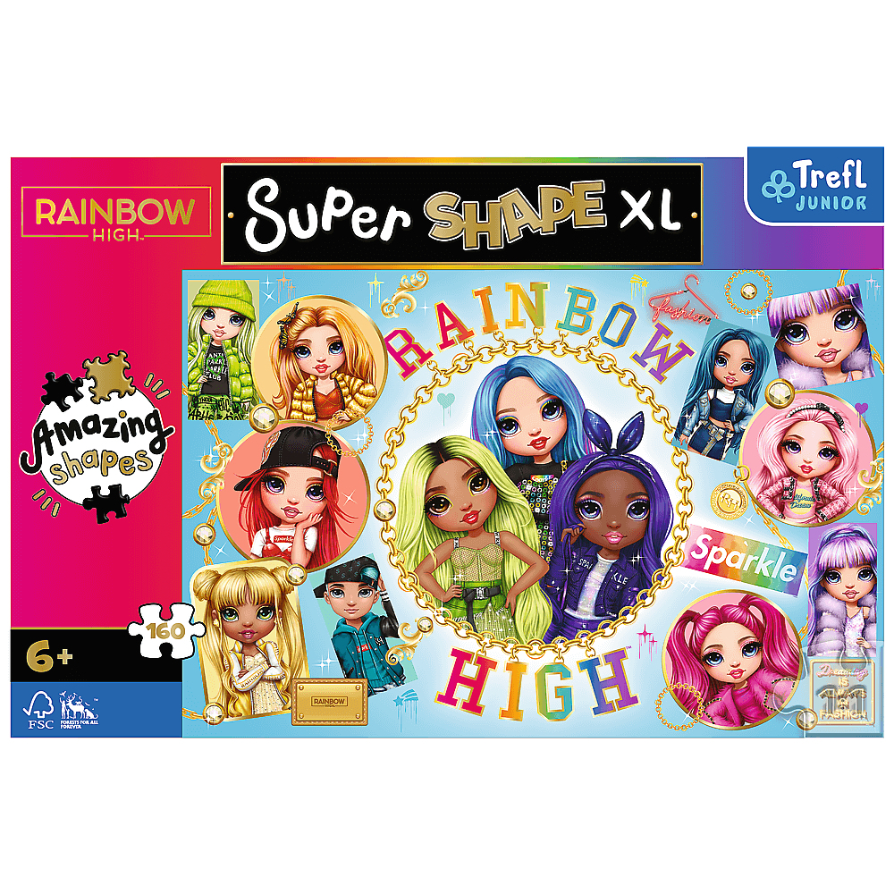 Eine Rainbow High Puzzlebox. Sie zeigt Puppen mit bunten Haaren. Der Text enthält 'Super Shape XL' und 'Amazing shapes'.