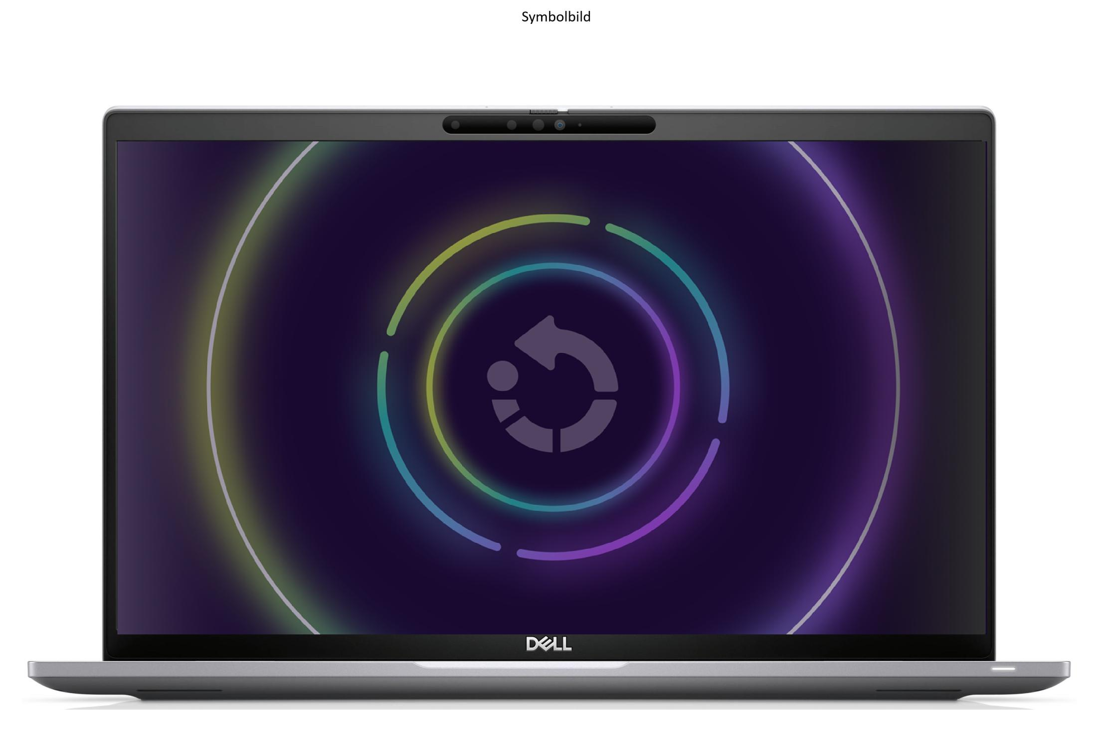 Ein Dell-Laptop zeigt eine Ladeanimation. Der Bildschirm hat einen violetten Hintergrund mit einem kreisförmigen Design.