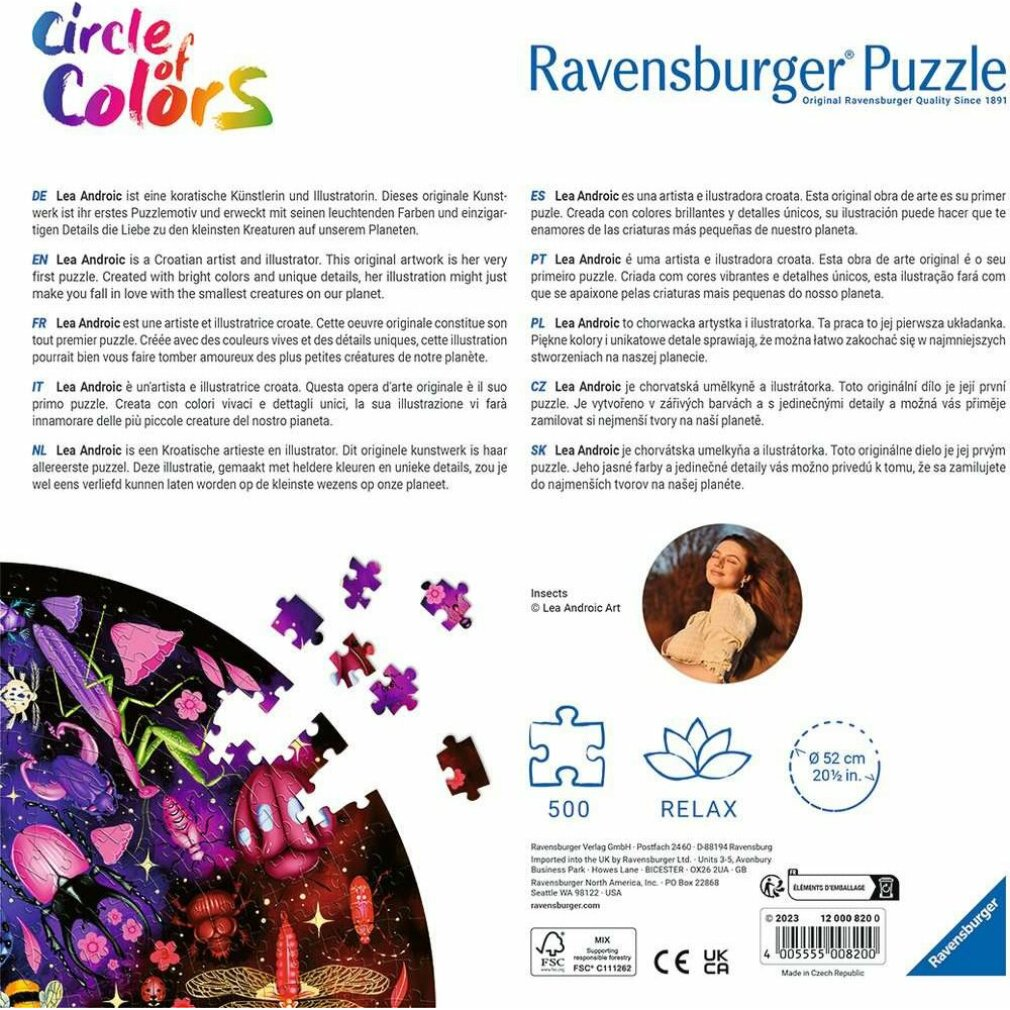 Pudełko puzzli z grafiką owadów, kolorowych kwiatów i kobiety. Zawiera elementy układanki i szczegóły.