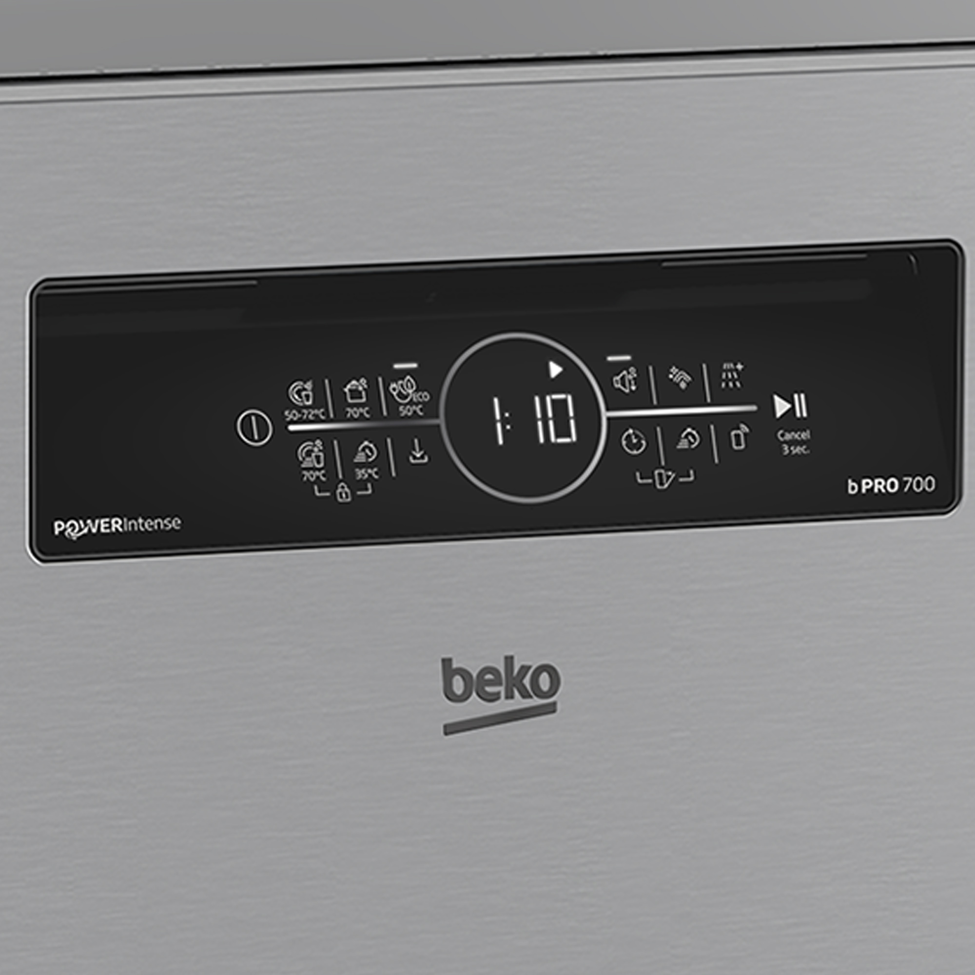 Nahaufnahme eines Geschirrspüler-Bedienfelds mit Knöpfen, Symbolen und einer Digitalanzeige mit 1:10. Die Marke ist Beko.