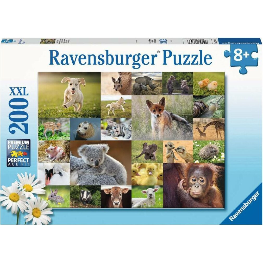 Ravensburger puzzeldoos met diverse dierenafbeeldingen. Bevat een rennende puppy, koala, vos en baby-olifant. XXL 200 stukjes.