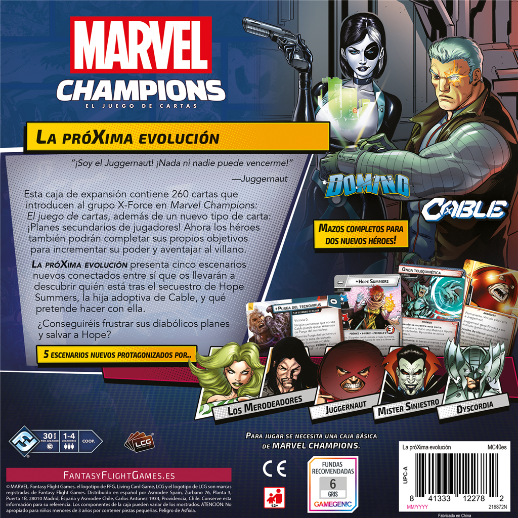 Caja de juego de cartas. Se muestran los personajes Domino y Cable. El texto incluye el título del juego y detalles de la expansión, con personajes.