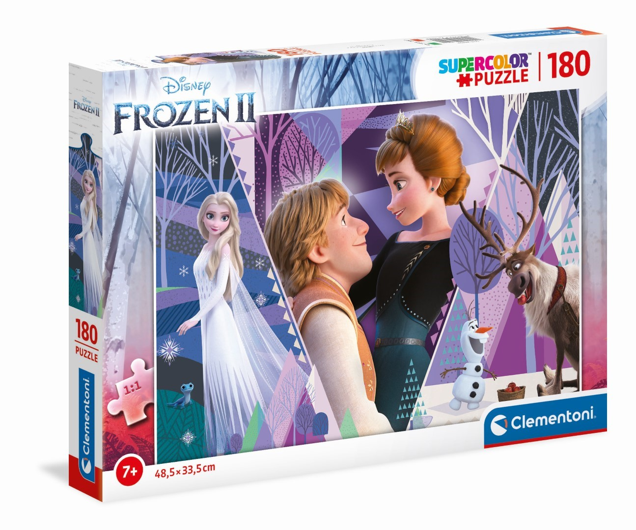 Pudełko z puzzlami Frozen II z Anną, Elsą, Kristoffem, Svenem, Olafem. Tło przedstawia scenę leśną z drzewami i płatkami śniegu.