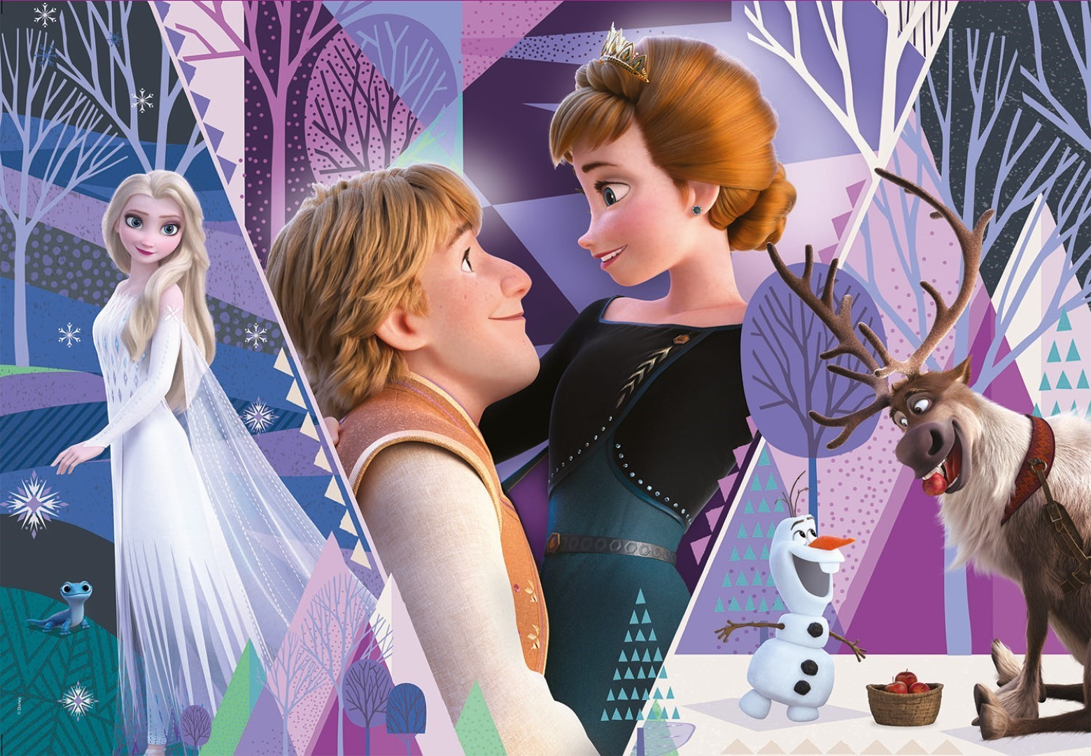 Postacie z Krainy Lodu: Elsa, Anna, Kristoff, Olaf i Sven. Tło to abstrakcyjna zimowa scena.