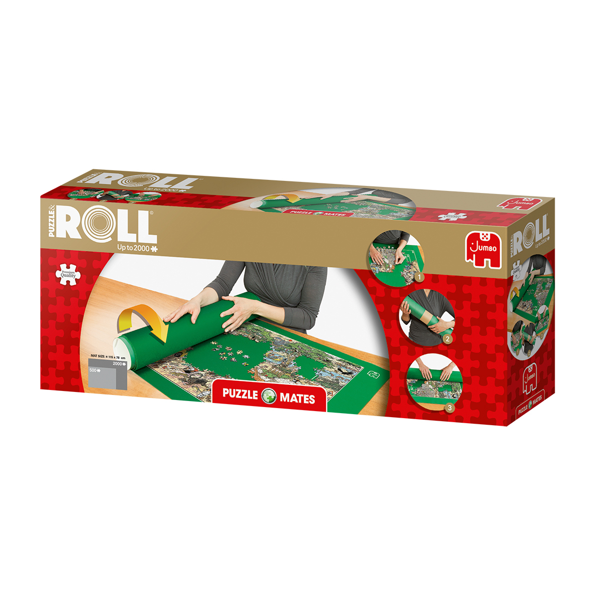 Die Box zeigt eine Puzzle-Rollmatte. Person rollt eine grüne Matte mit Puzzleteilen aus. Auf der Box steht "Puzzle & Roll".