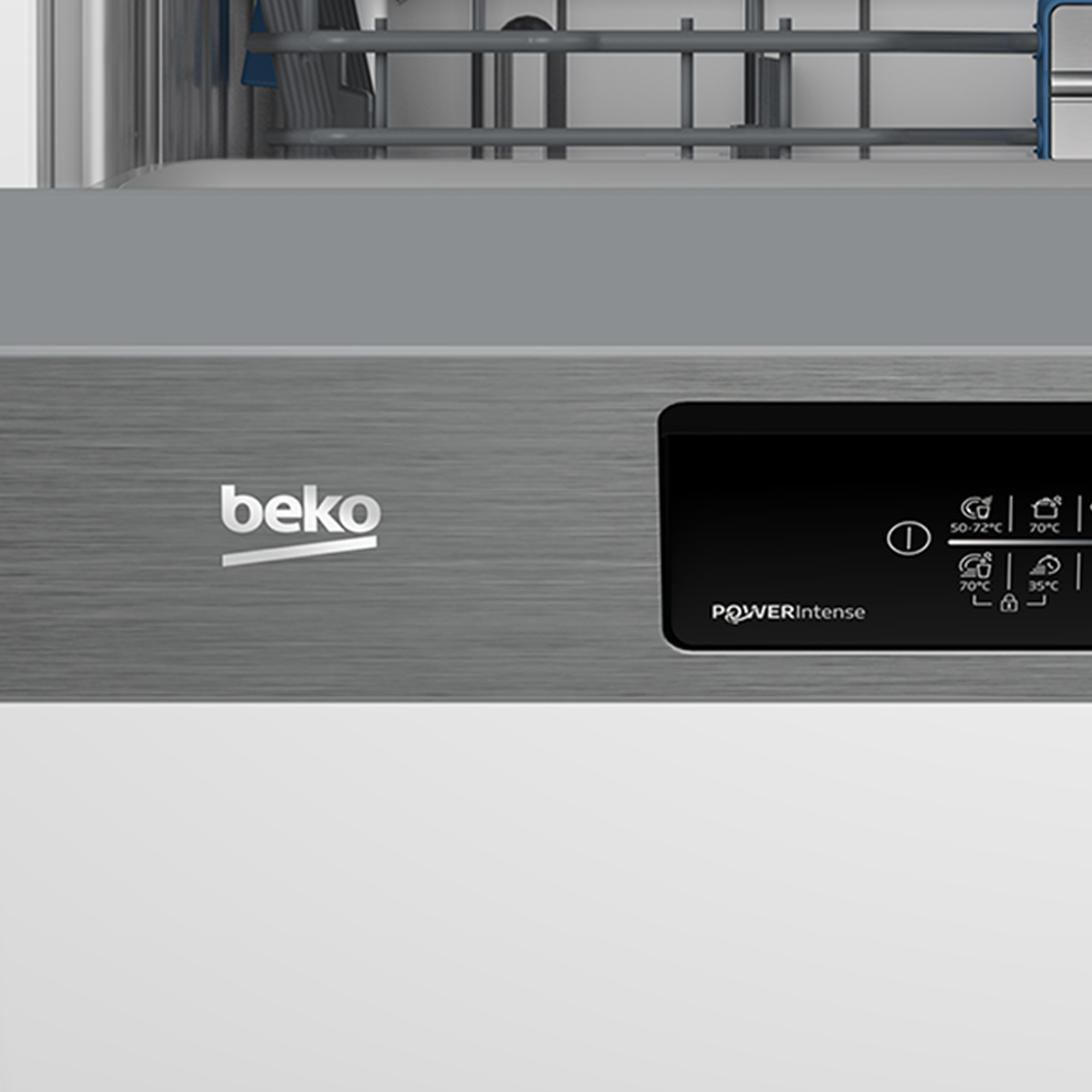 Nahaufnahme eines Beko-Geschirrspüler-Bedienfelds. Zeigt das Beko-Logo, den Text PowerIntense und Programmsymbole.