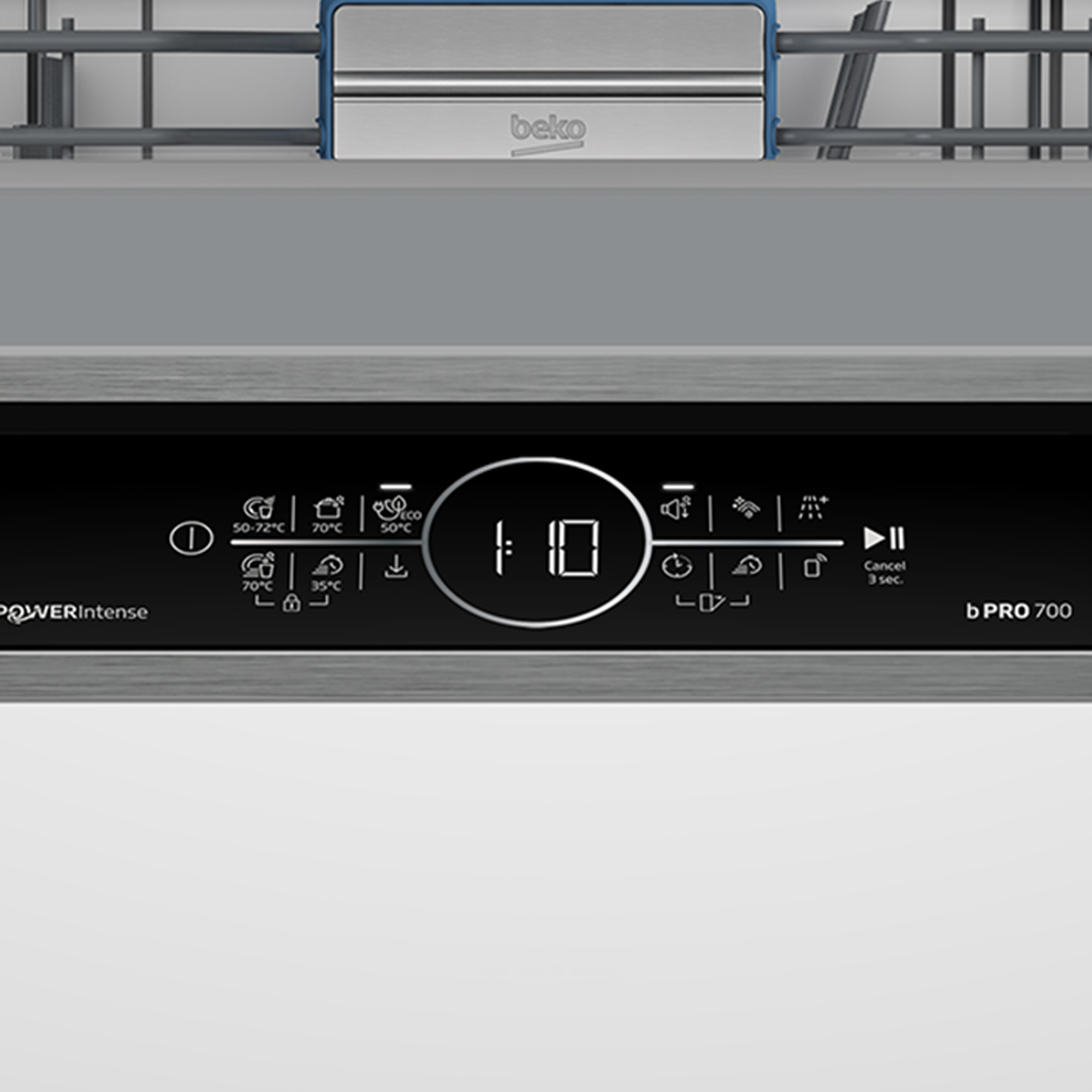 Nahaufnahme eines Geschirrspüler-Bedienfelds mit Symbolen, Anzeige 1:10 und dem 'beko'-Logo.