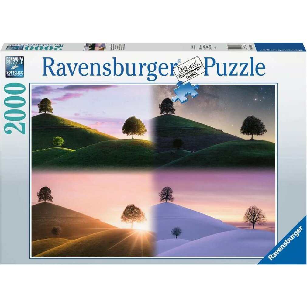 Puzzledose mit vier Landschaftsbildern, die Bäume auf Hügeln in verschiedenen Jahreszeiten zeigen: Frühling, Sommer, Herbst und Winter.