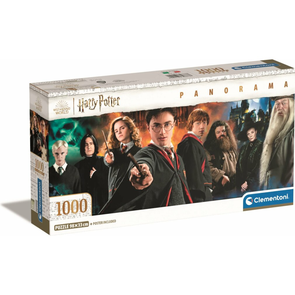 Una scatola di puzzle di Harry Potter. La scatola mostra Harry Potter e altri personaggi. Lo sfondo è il castello di Hogwarts.