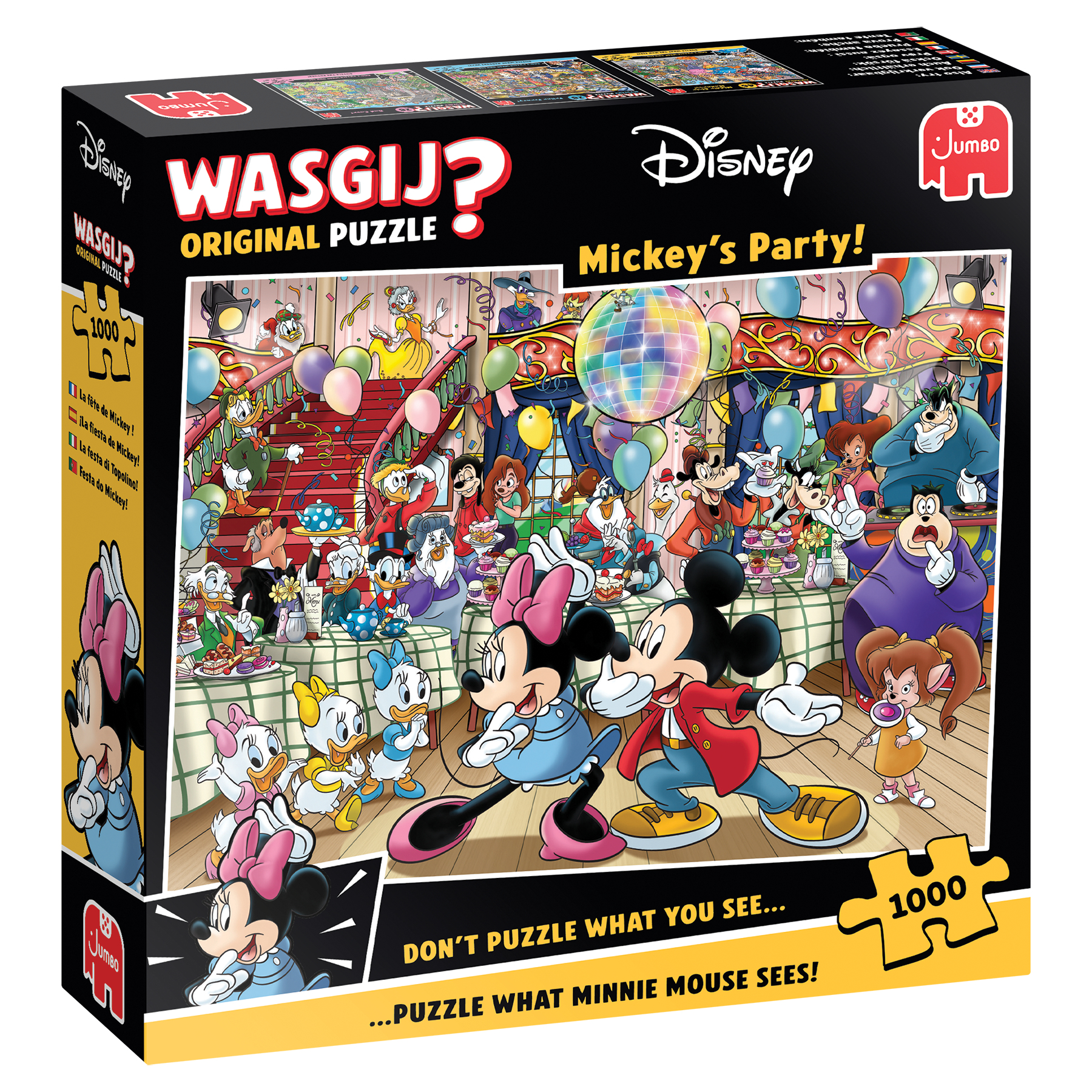 Puzzleschachtel einer Disney-Partyszene mit Micky und Minnie. Charaktere tanzen und feiern auf einer Party.