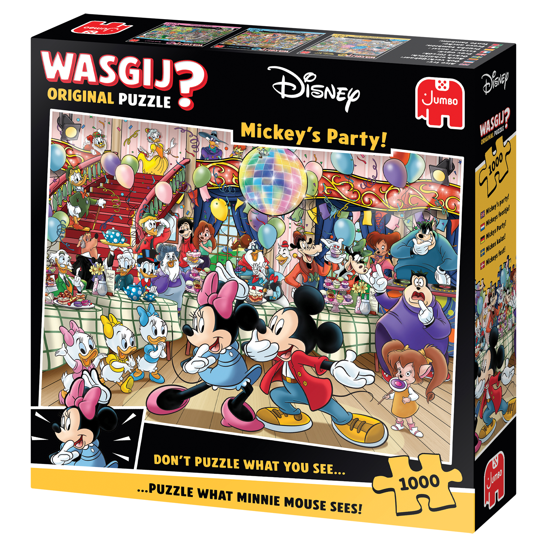 Puzzledose zeigt Disney-Figuren auf einer Party. Micky und Minnie tanzen. Andere essen Kuchen und feiern.