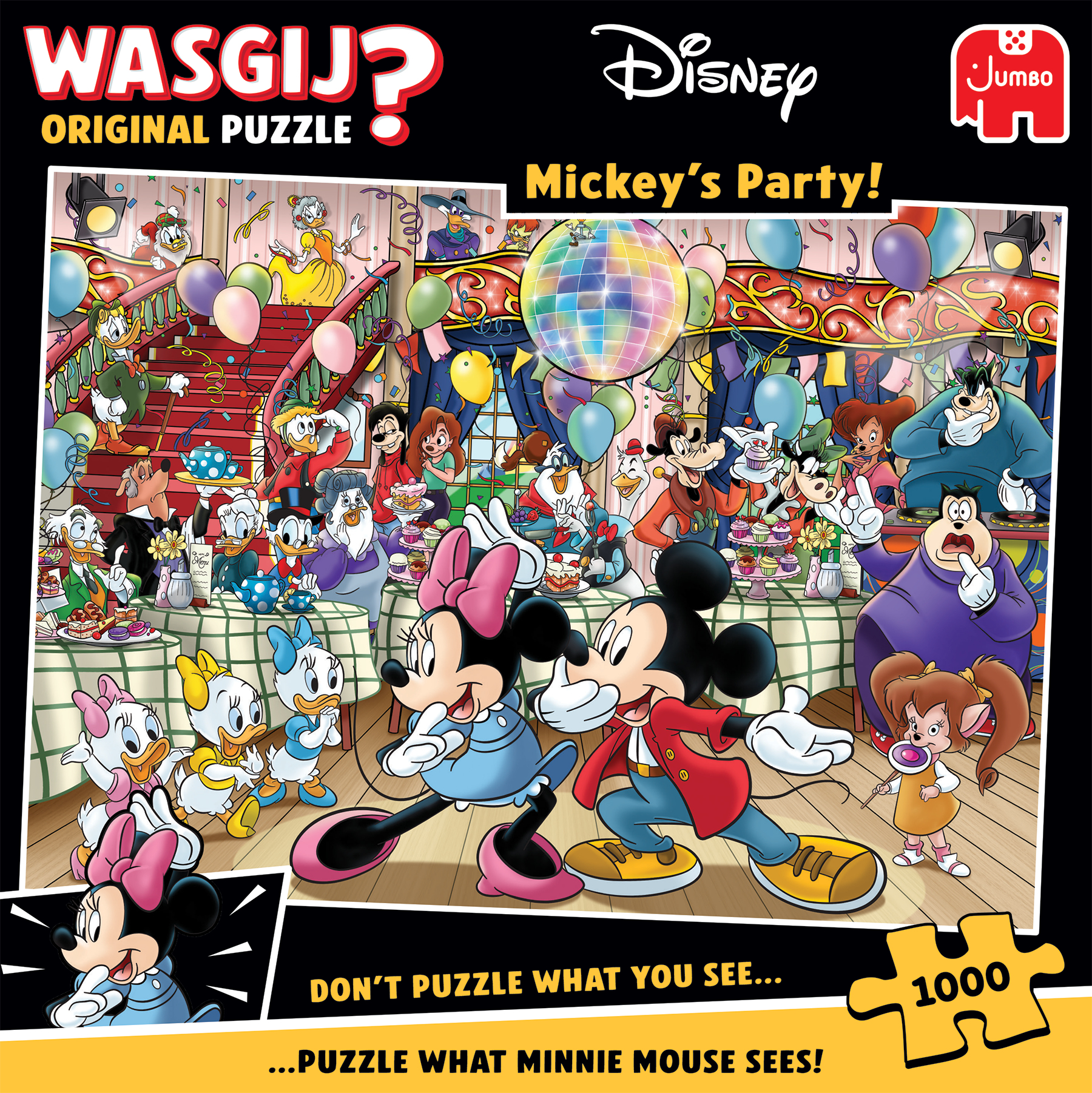 Micky und Minnie Maus auf einer Party mit Disney-Figuren. Ballons, Discokugel und Kuchen sind zu sehen.