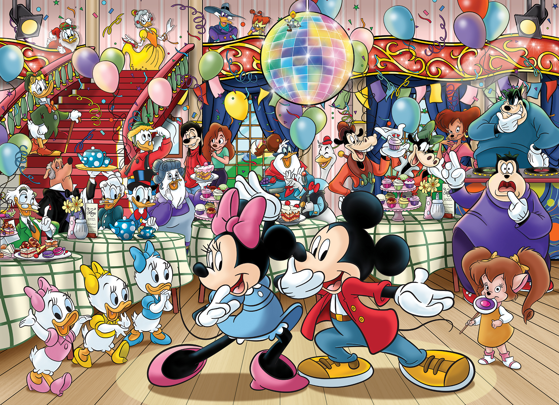 Mickey und Minnie tanzen auf einer Party. Andere Disney-Figuren feiern mit Ballons und Kuchen.