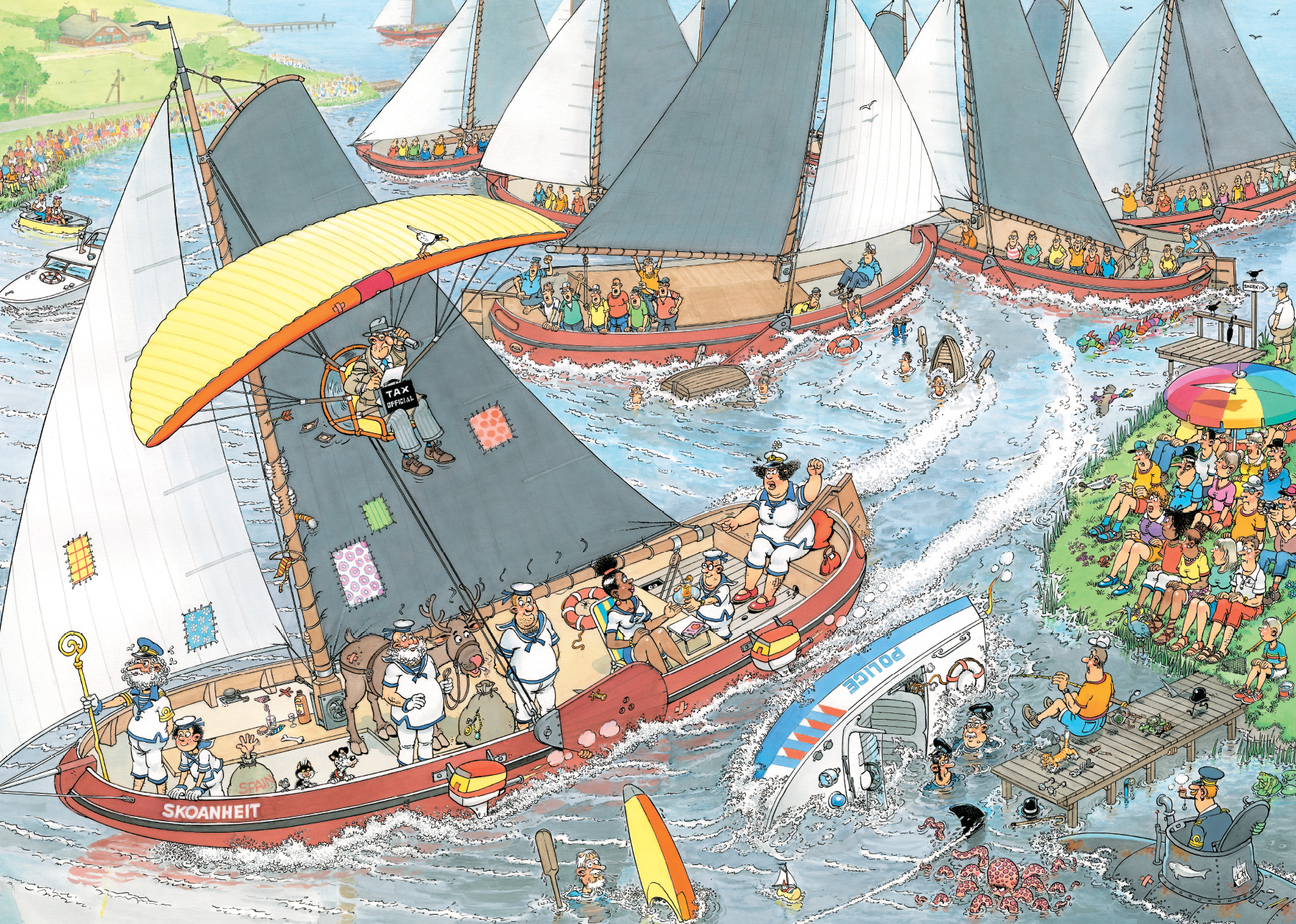 Comic-Illustration eines Segelrennens mit Booten, Menschen und einem sinkenden Polizeiboot. Ein Steuerbeamter ist in der Luft.