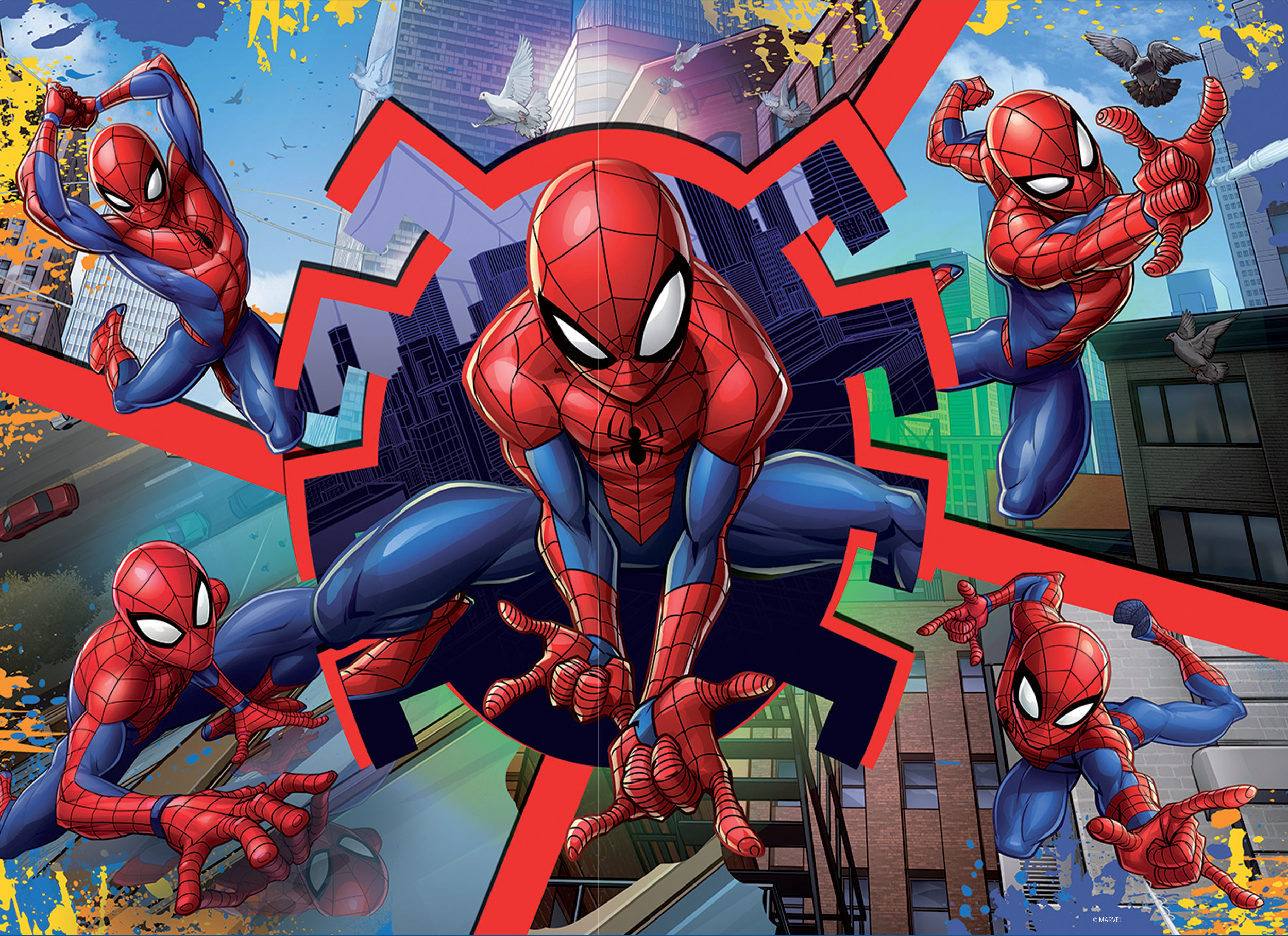 Spider-Man in Aktion, rot-blauer Anzug, umgeben von roten Linien, Gebäuden, Tauben und bunten Farbspritzern.