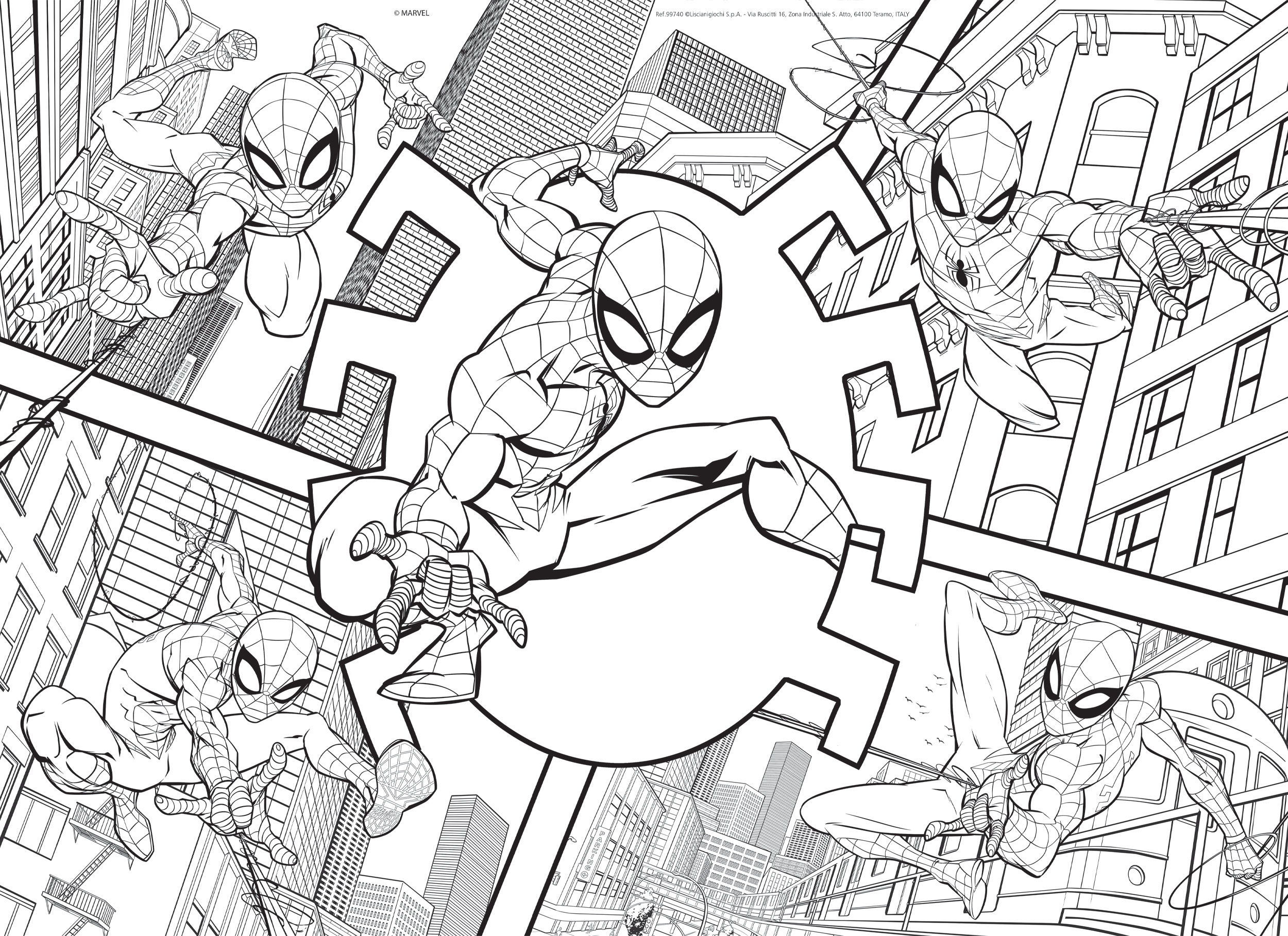 Comic-Bild von Spider-Man in Aktion, mit mehreren Darstellungen vor einer Stadtkulisse.