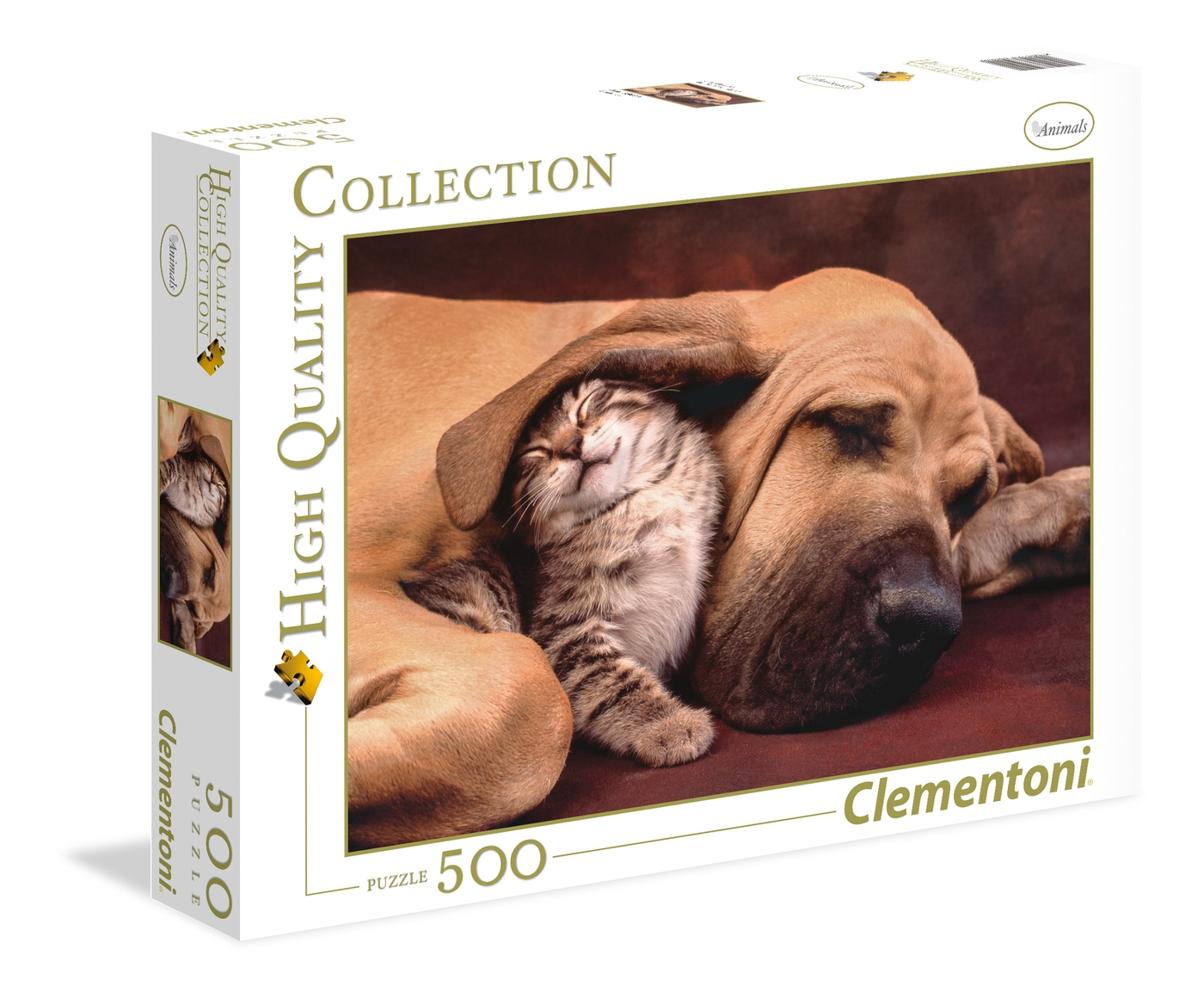 Een puzzeldoos toont een hond en een kat die knuffelen. De kat zit in het oor van de hond, ze slapen allebei. De puzzel is van Clementoni.
