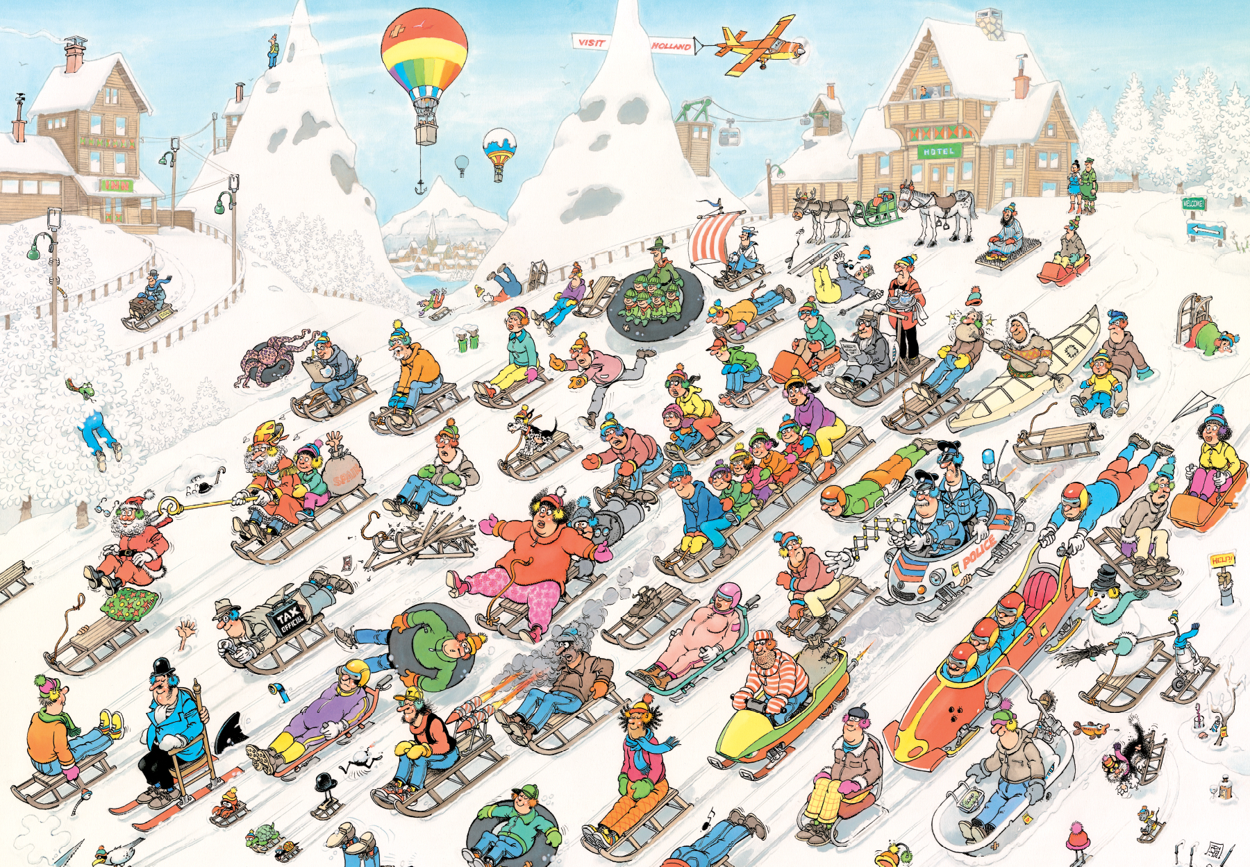 Eine Cartoon-Szene zeigt viele Menschen, die einen schneebedeckten Hang hinunterrodeln. Im Hintergrund sind Gebäude, Berge und ein Heißluftballon zu sehen.