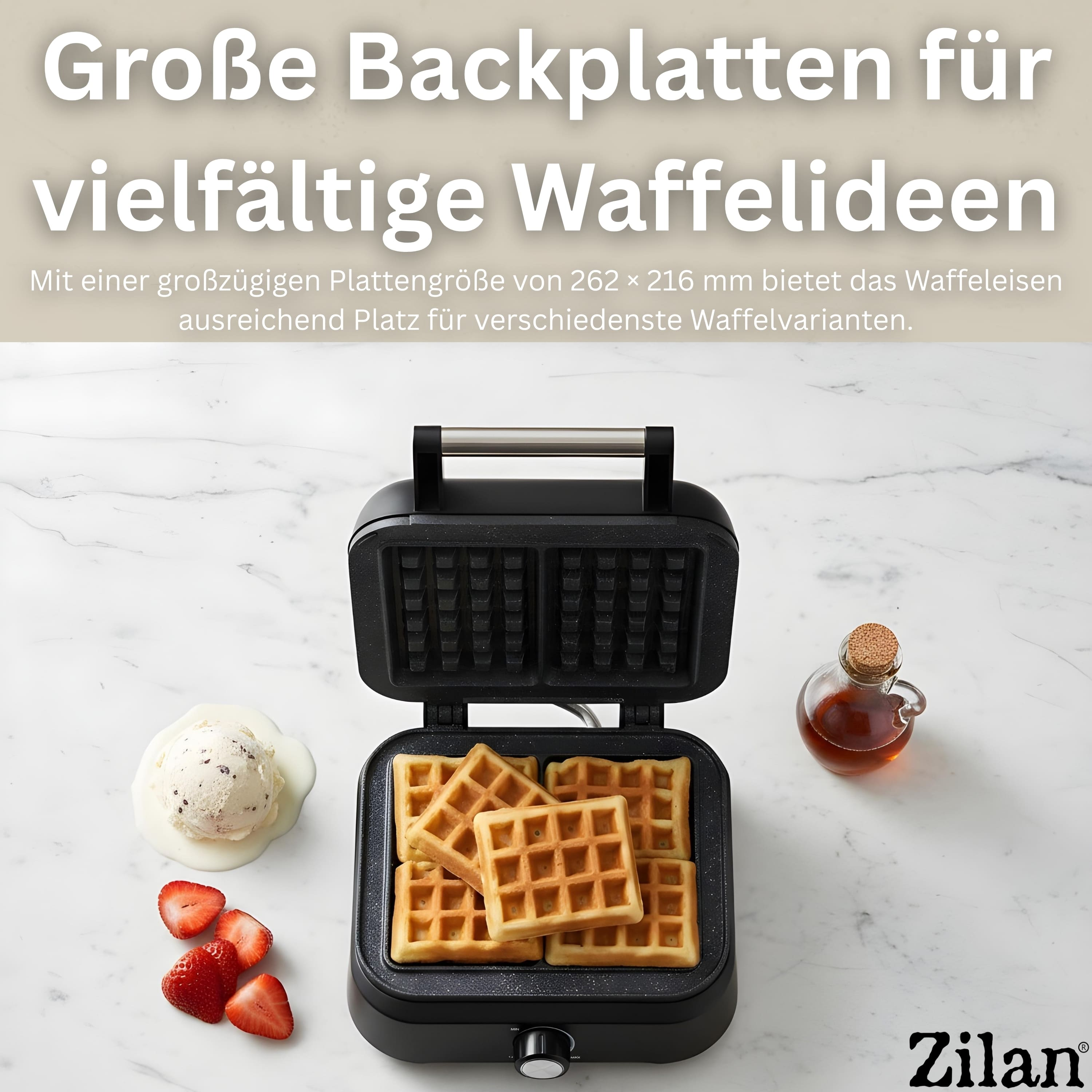 Gofrownica z goframi, lodami, truskawkami i syropem. Tekst: 'Große Backplatten für vielfältige Waffelideen'.
