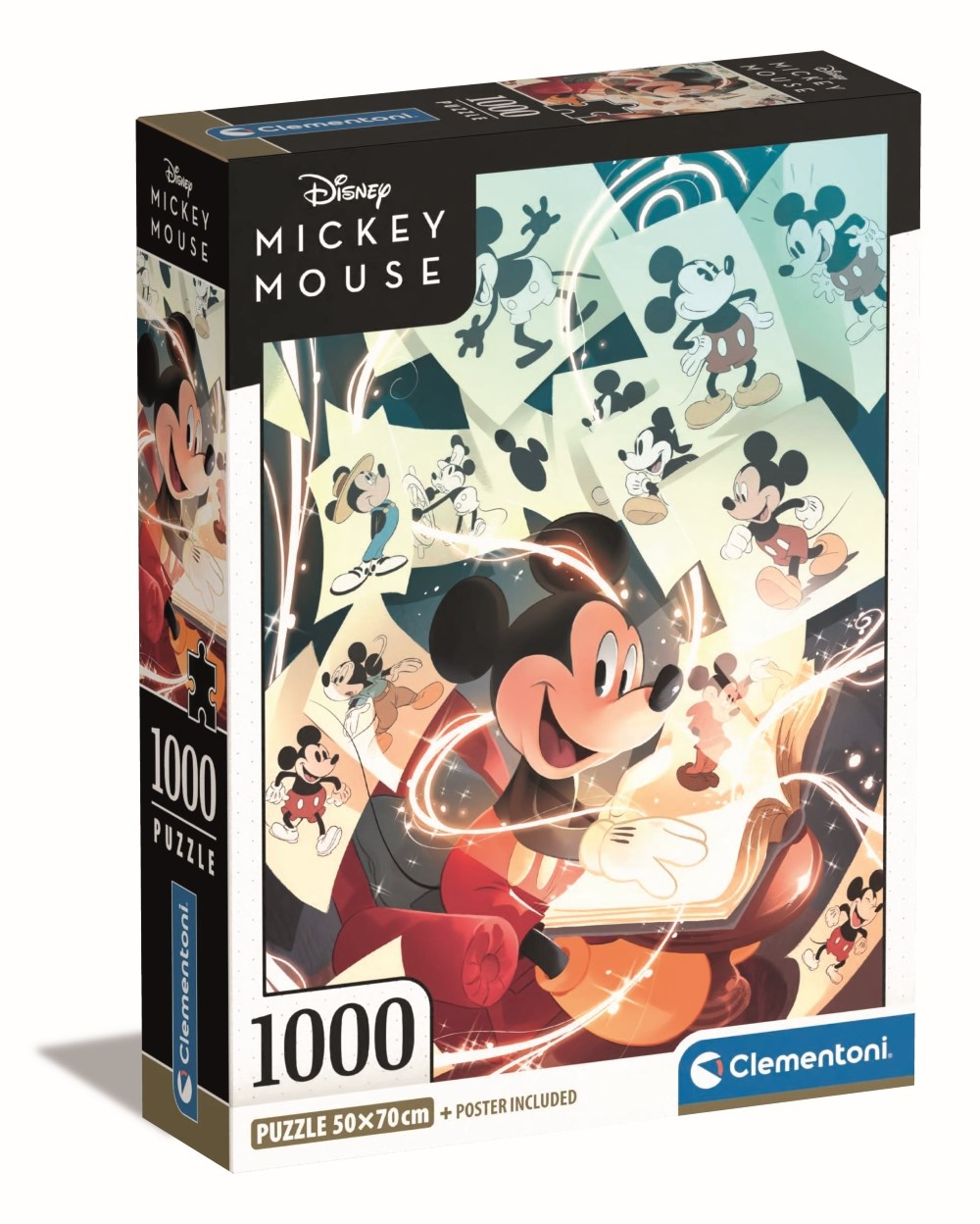 Puzzeldoos met Mickey Mouse. Het toont verschillende Mickey Mouse-afbeeldingen. De doos vermeldt 1000 puzzelstukjes en het merk Clementoni.