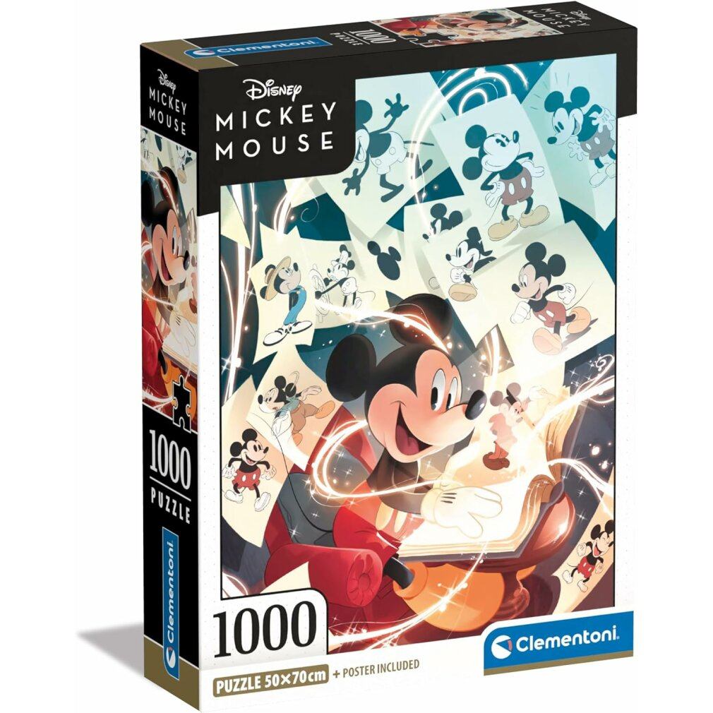 Puzzelbox met Mickey Mouse-kunst. Mickey staat centraal, omringd door afbeeldingen van zichzelf. Op de doos staat 1000 stukjes, 50x70cm, poster inbegrepen.