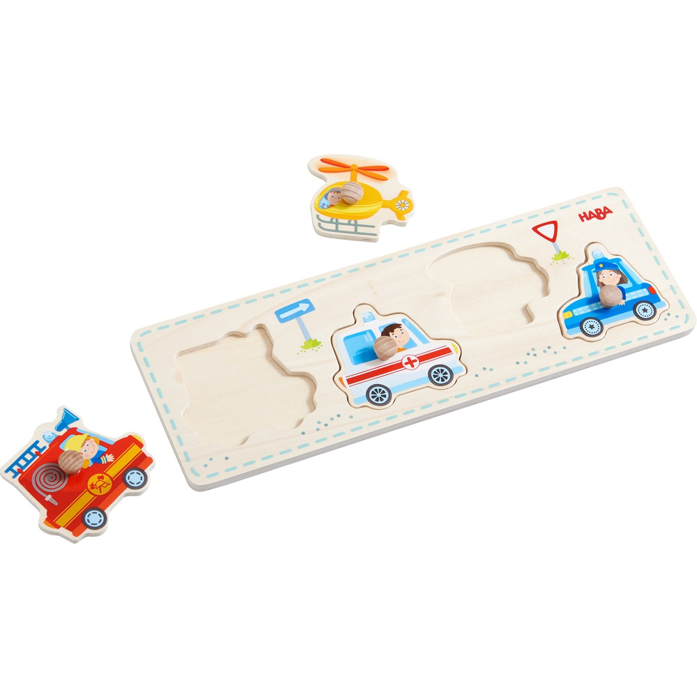 Holzpuzzle mit Notfallfahrzeugen: Feuerwehrauto, Krankenwagen, Polizeiauto und Hubschrauber. Jedes mit Fahrer.