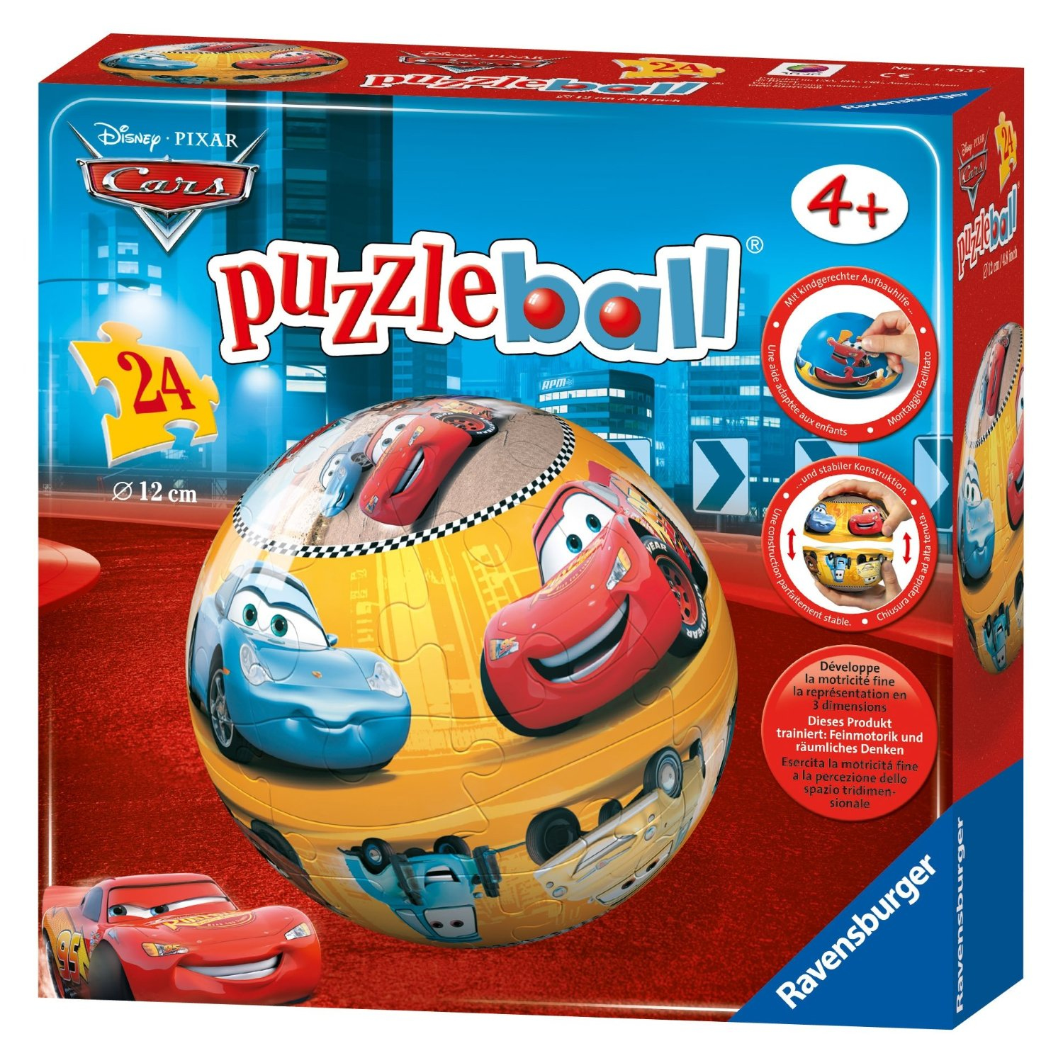 Eine Cars-Puzzleball-Box. Sie zeigt Lightning McQueen und andere Cars-Charaktere. Die Box ist blau, rot und gelb.