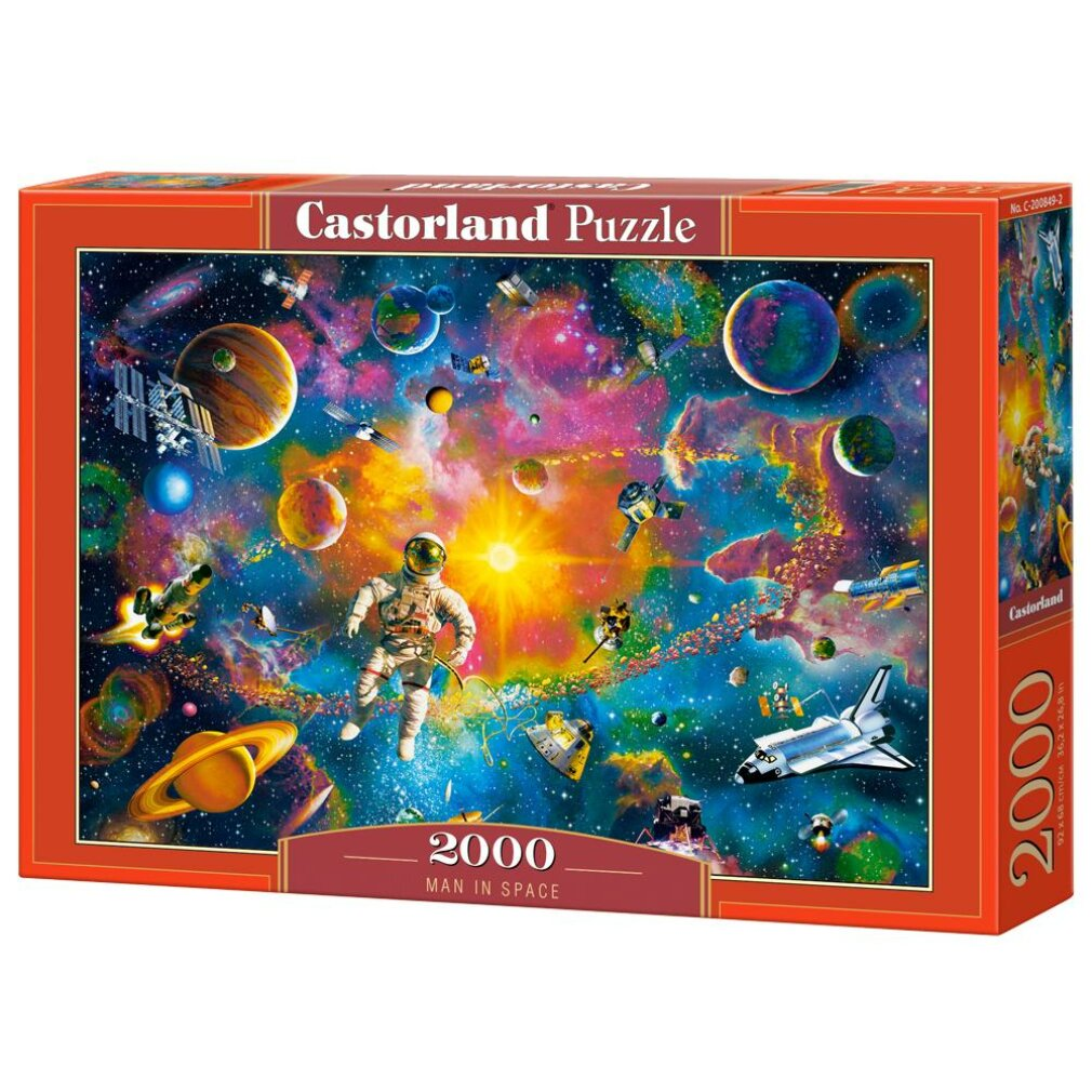 Eine Castorland-Puzzlebox mit einer Weltraumszene. Sie zeigt einen Astronauten, Planeten, Sterne und Raumschiffe. Auf der Box steht '2000 MAN IN SPACE'.