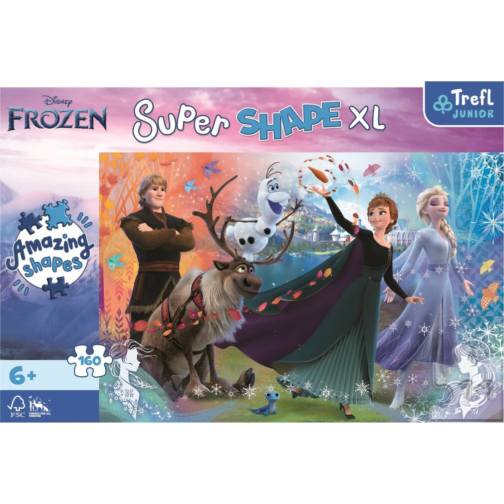Frozen-Puzzlebox. Figuren: Anna, Elsa, Kristoff, Olaf und Sven. Bunter Hintergrund mit Schneeflocken und Blättern.