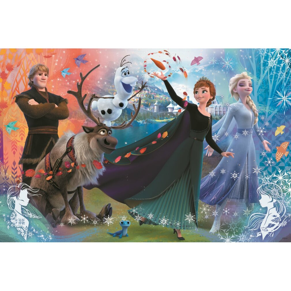 Frozen-Figuren: Anna, Elsa, Kristoff, Olaf und Sven. Bunter Hintergrund mit Herbst- und Wintermotiven.