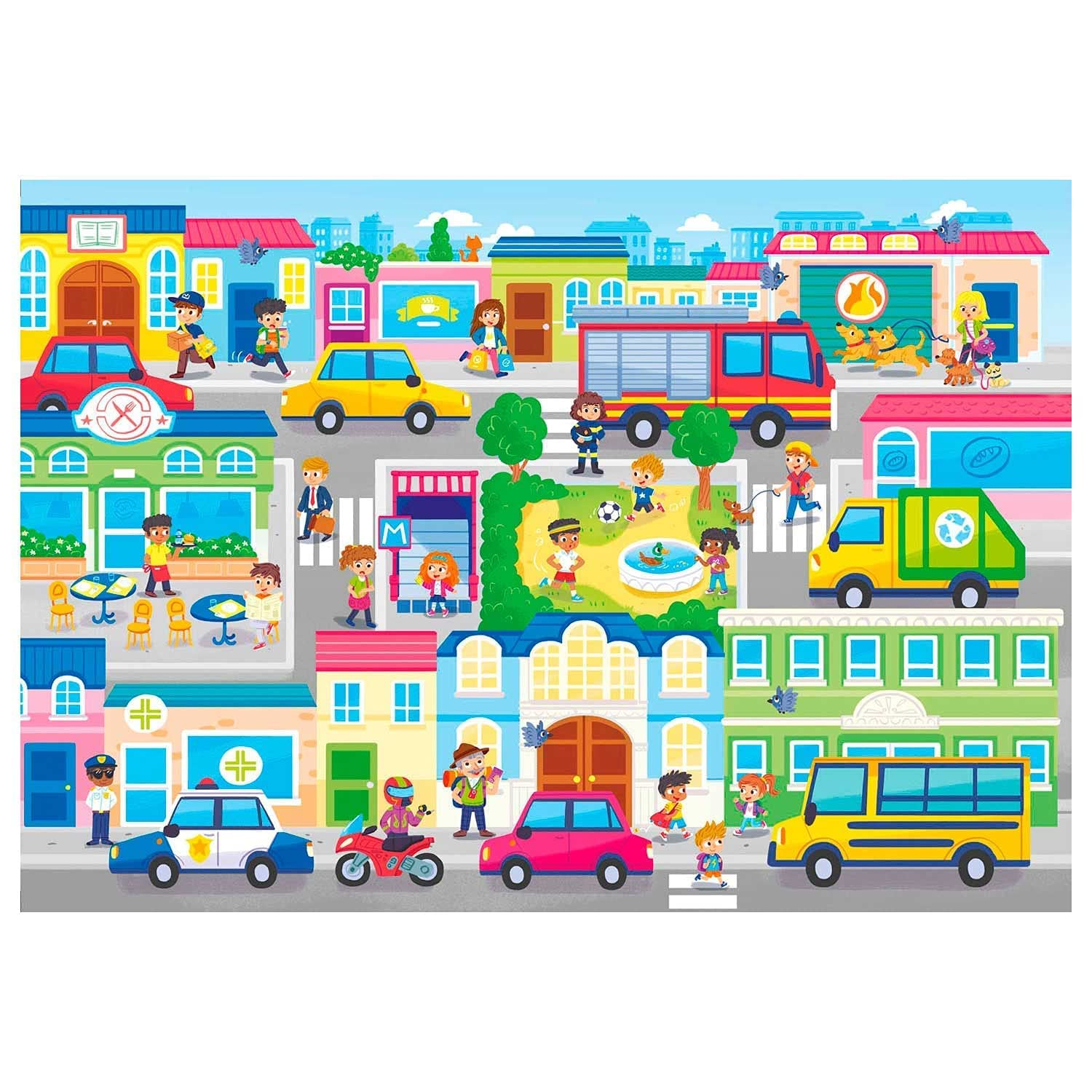 Scena z kreskówki z samochodami, budynkami, ludźmi i zwierzętami. Dzieci bawią się, niektórzy chodzą, a także obecne są pojazdy takie jak autobus i wóz strażacki.