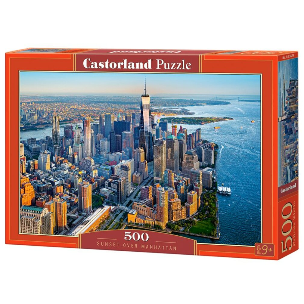 Eine Puzzledose zeigt eine Stadtlandschaft von Manhattan bei Sonnenuntergang. Hohe Gebäude, Wasser und Himmel sind sichtbar.