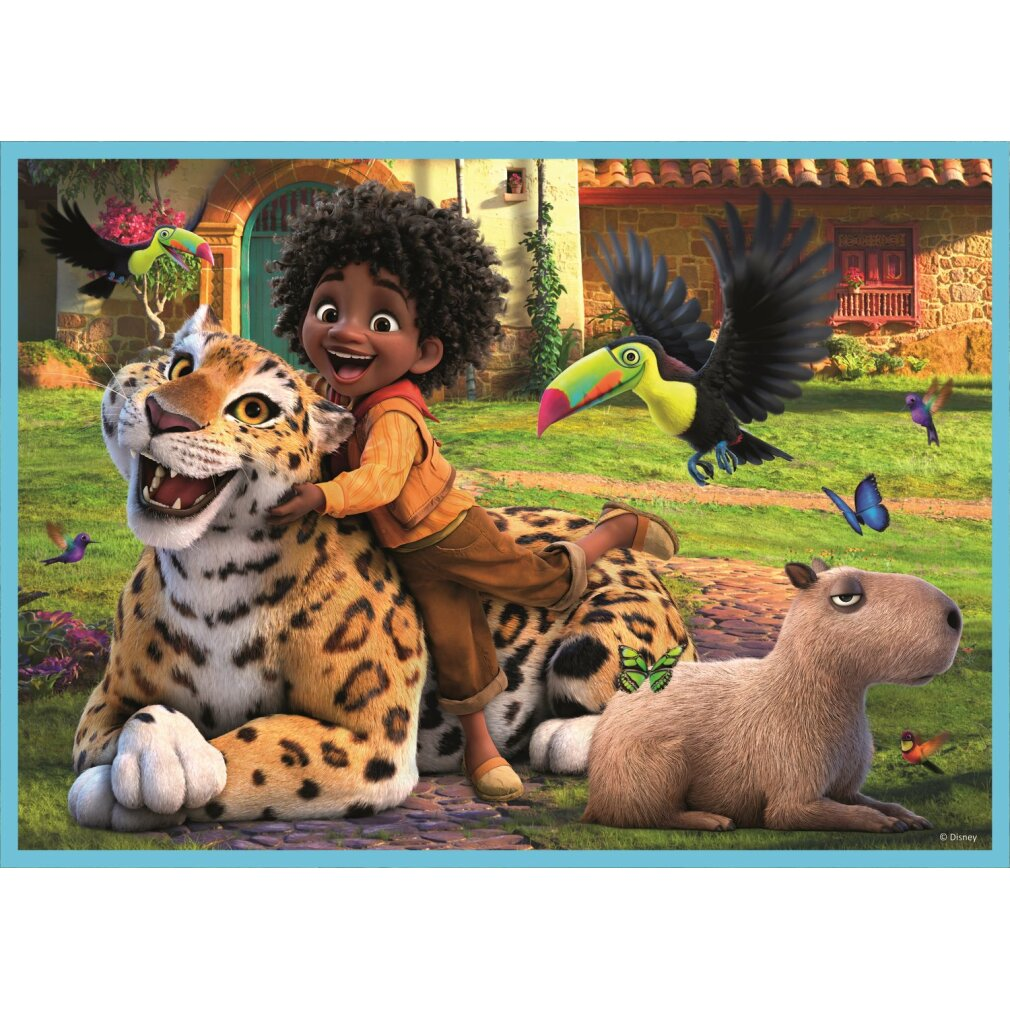 Un niño monta un jaguar, sonriendo, rodeado de pájaros y un carpincho, en una escena vibrante y caricaturesca.