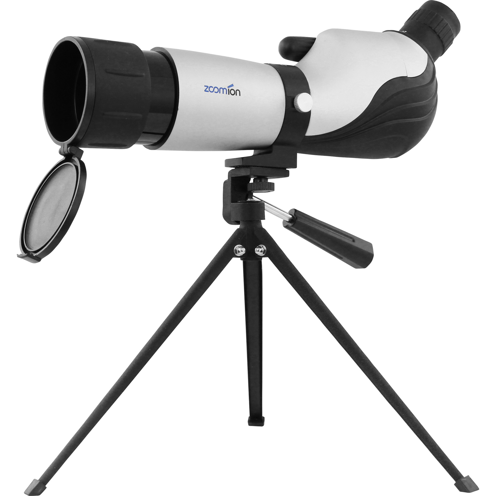 Ein silbernes und schwarzes Spektiv auf einem schwarzen Stativ. Das Spektiv hat eine offene Objektivkappe. Der Markenname zoomion.