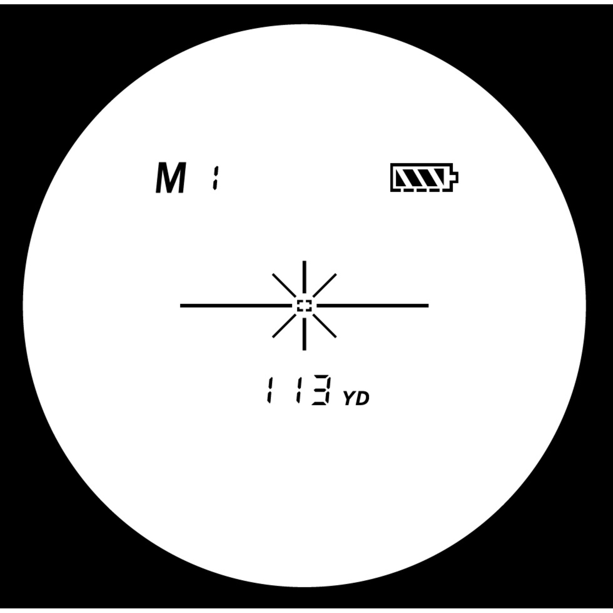Ein weißer Kreis auf schwarzem Hintergrund zeigt ein Fadenkreuz, ein Batteriesymbol und eine Entfernung von 113 Yards.