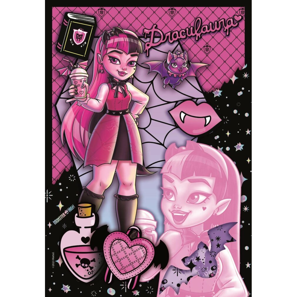 Draculaura von Monster High. Sie hält ein Getränk, Fledermäuse, eine herzförmige Tasche und eine Flasche. Rosa und schwarzes Farbschema.