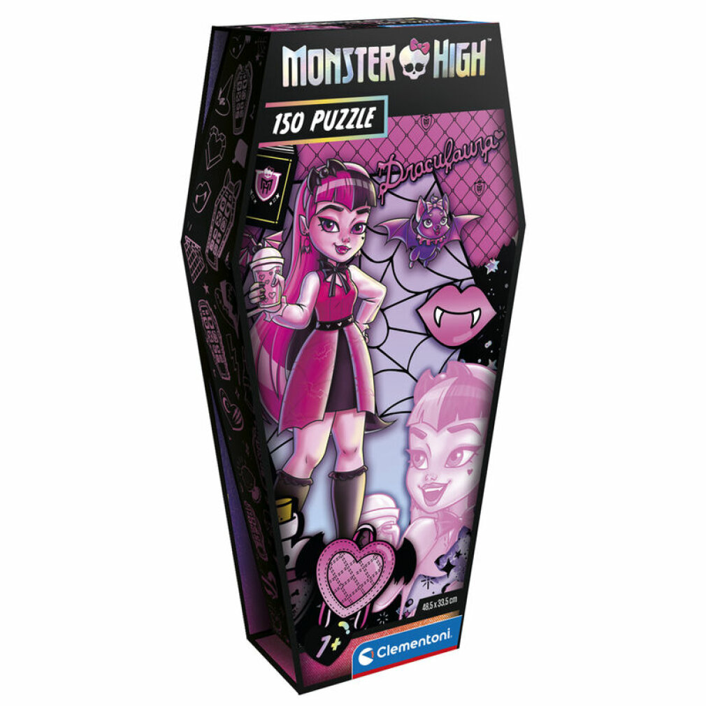 Monster High Puzzle mit 150 Teilen in Sargform. Draculaura mit pinken Haaren und Outfit, hält ein Getränk.