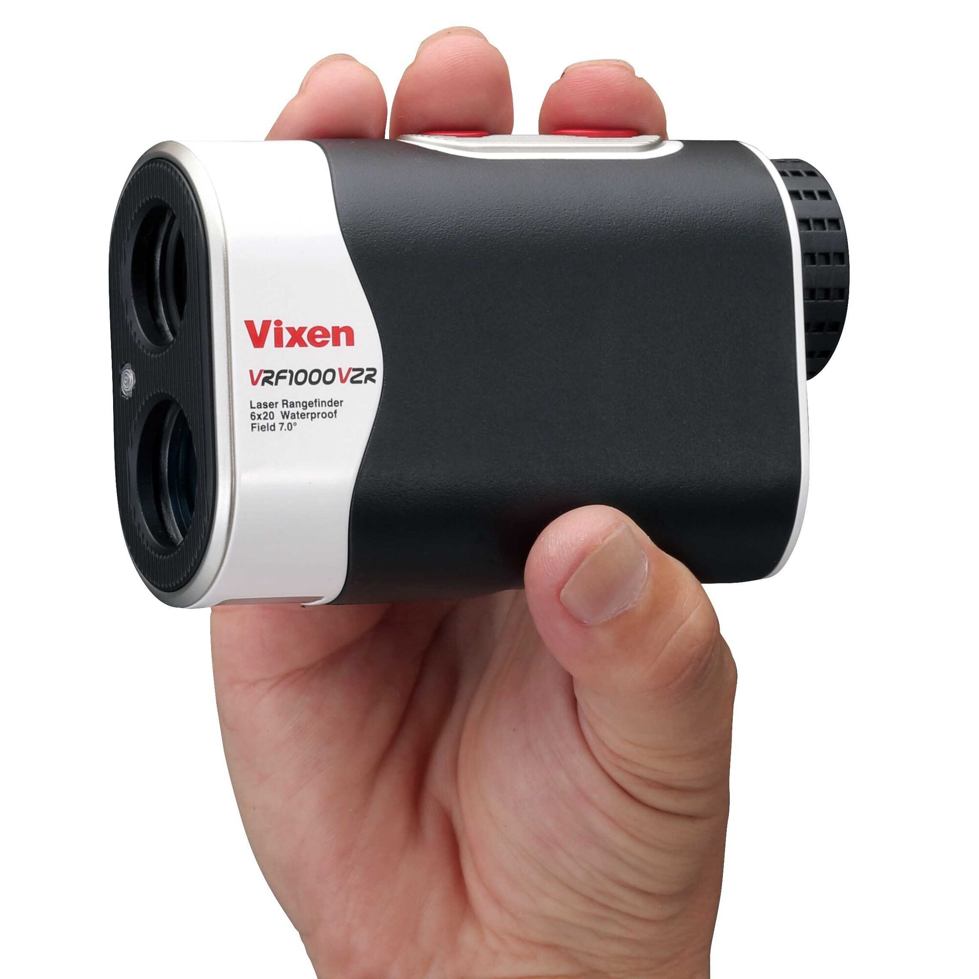 Hand hält einen schwarz-weißen Vixen VRF1000V2R Laser-Entfernungsmesser. Rote Knöpfe oben. Das Objektiv ist sichtbar.
